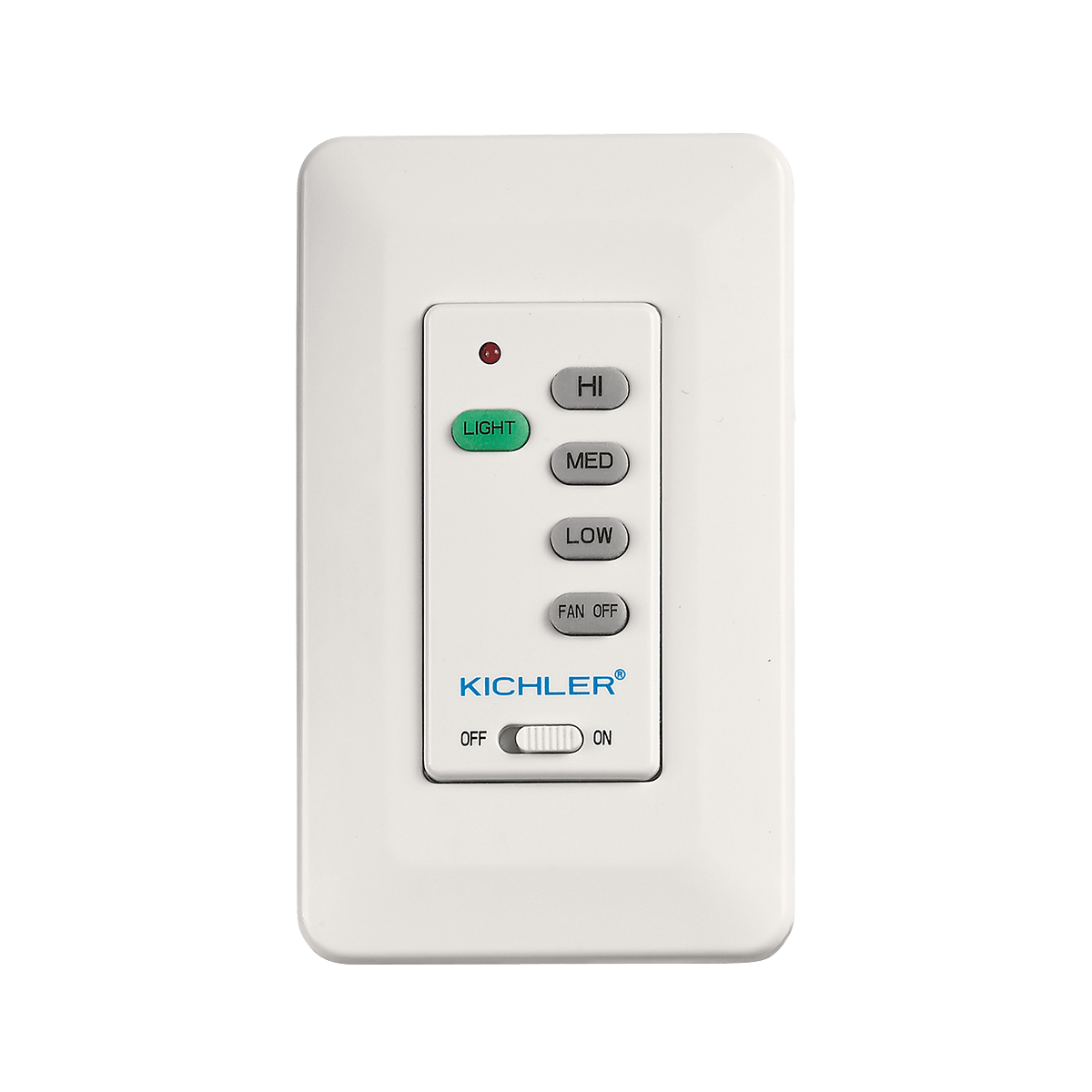 This wall-mounted control for Kichler ceiling fans allows you to choose from different fan speeds, operate the light and turn the fan on or off.