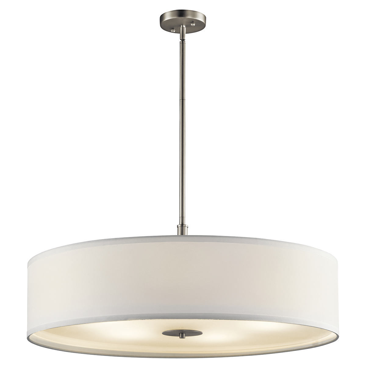 This 5 light transitional pendant features a pleasing drum shape in a Brushed Nickel finish and White micro fiber shade.