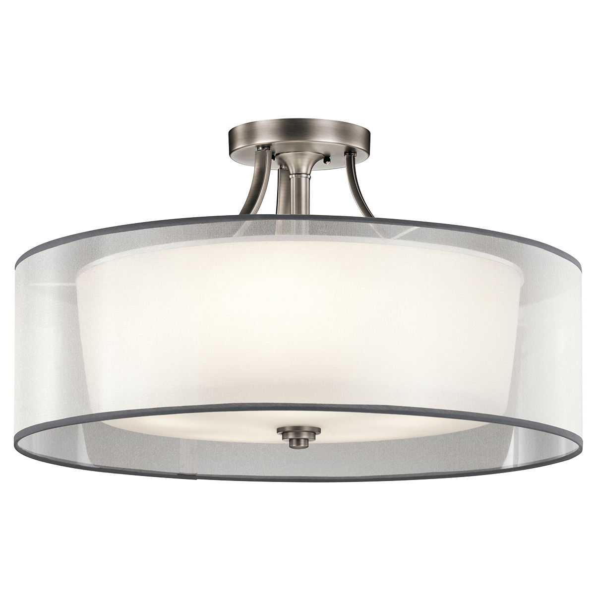 Clean lines and classic styling set this 5 light semi flush ceiling fixture apart. Its Antique Pewter finish, White Organza shade and Satin Etched Glass combine to create a tasteful accent fitting for any space in your home.