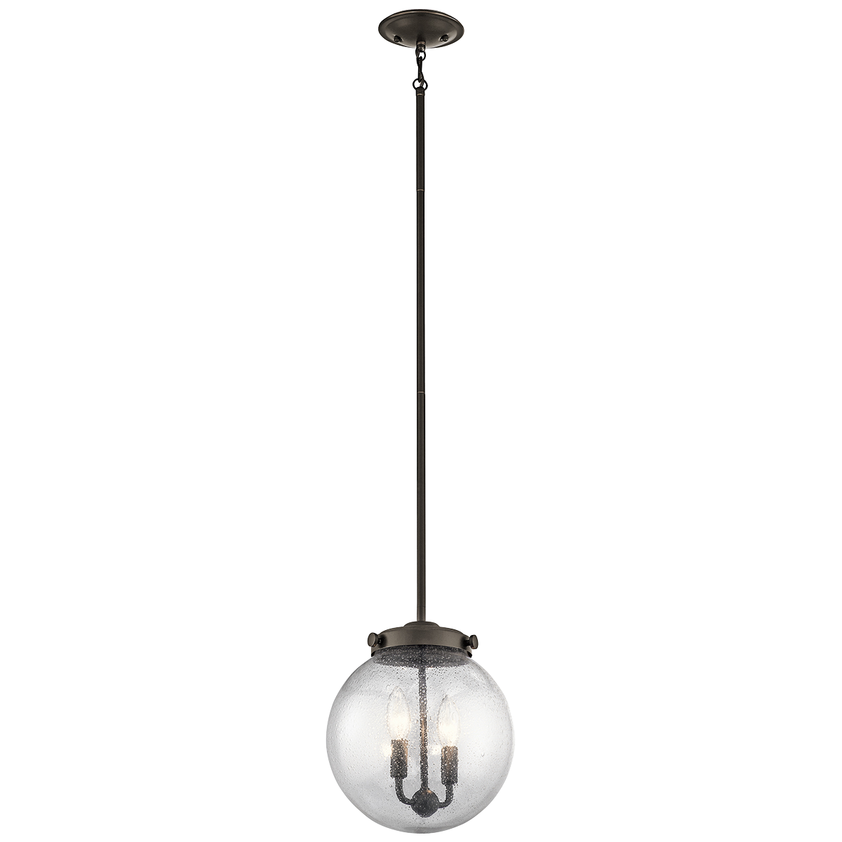 Reminiscent of early 1900's lighting the updated traditional style of this 2 light mini pendant from the Holbrook collection brings simple, warm design to your home. The round seedy glass shade accents the Olde Bronze finish and gently diffuses the light and adds an eye-catching accent to any space.