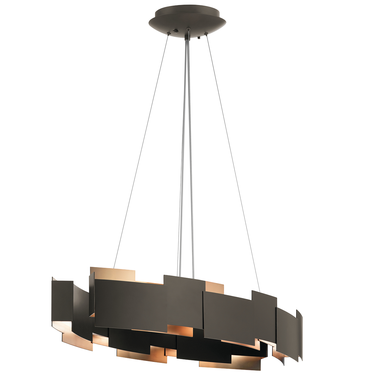 Geometry makes this 2 light LED oval chandelier/pendant from the Moderne collection simply striking. The contemporary style features a suspended cable design. Yet the defining element is the offset Olde Bronze square and rectangular panels, the perfect separation between the fixture's up and down LED lighting.