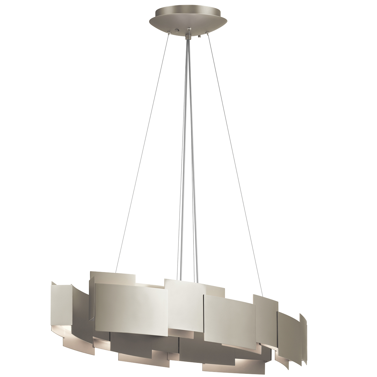 Geometry makes this 2 light LED oval chandelier/pendant from the Moderne collection simply striking. The contemporary style features a suspended cable design. Yet the defining element is the offset Satin Nickel square and rectangular panels, the perfect separation between the fixture's up and down LED lighting.