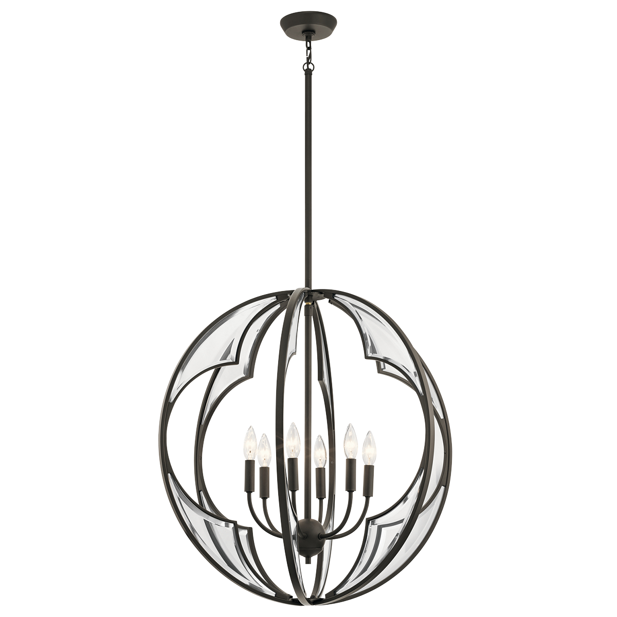 Clear and beveled glass panels add instant elegance and glamor to this 6 light chandelier from the Montavello collection's transitional orb design in Olde Bronze.