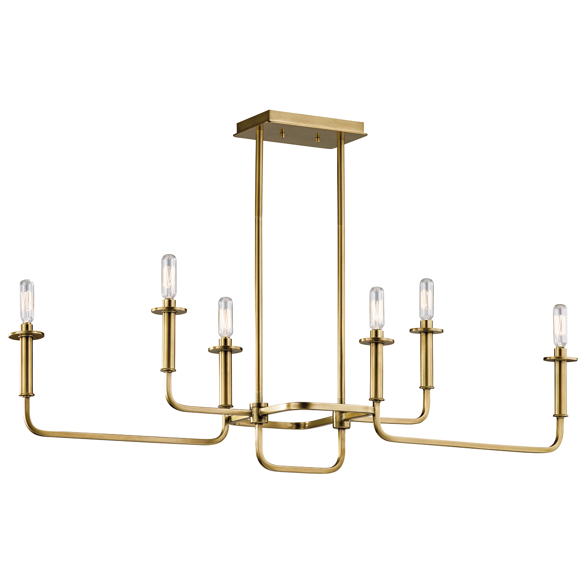 This 6 light modern linear chandelier from the Alden collection features an asymmetrical linear design in a warm and beautiful Natural Brass finish creating a stunning yet simplistic look for your home.