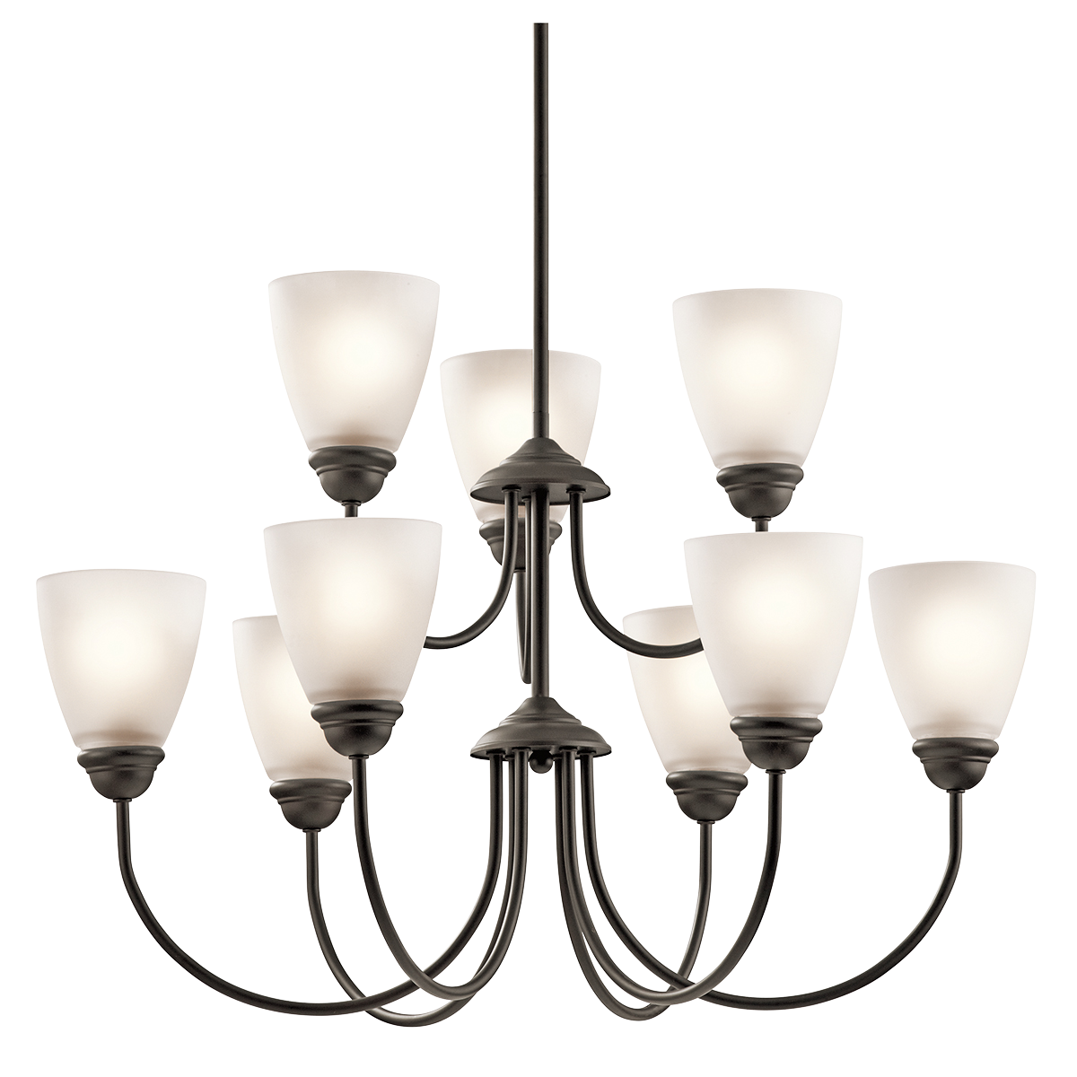 Enjoy the splendor of this Olde Bronze 9 light chandelier from the refreshing Jolie Collection.  The clean lines are beautifully accented by satin etched glass.  Jolie is the perfect transitional style for a variety of homes.