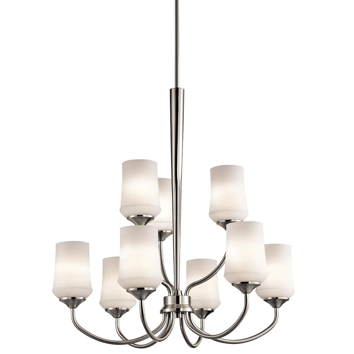 You'll love the transitional styling of this 9 light chandelier from the Aubrey(TM) Collection. The unique satin etched cased opal glass shape and Brushed Nickel tapered column design are the perfect blend of styles creating the perfect complement to your home.