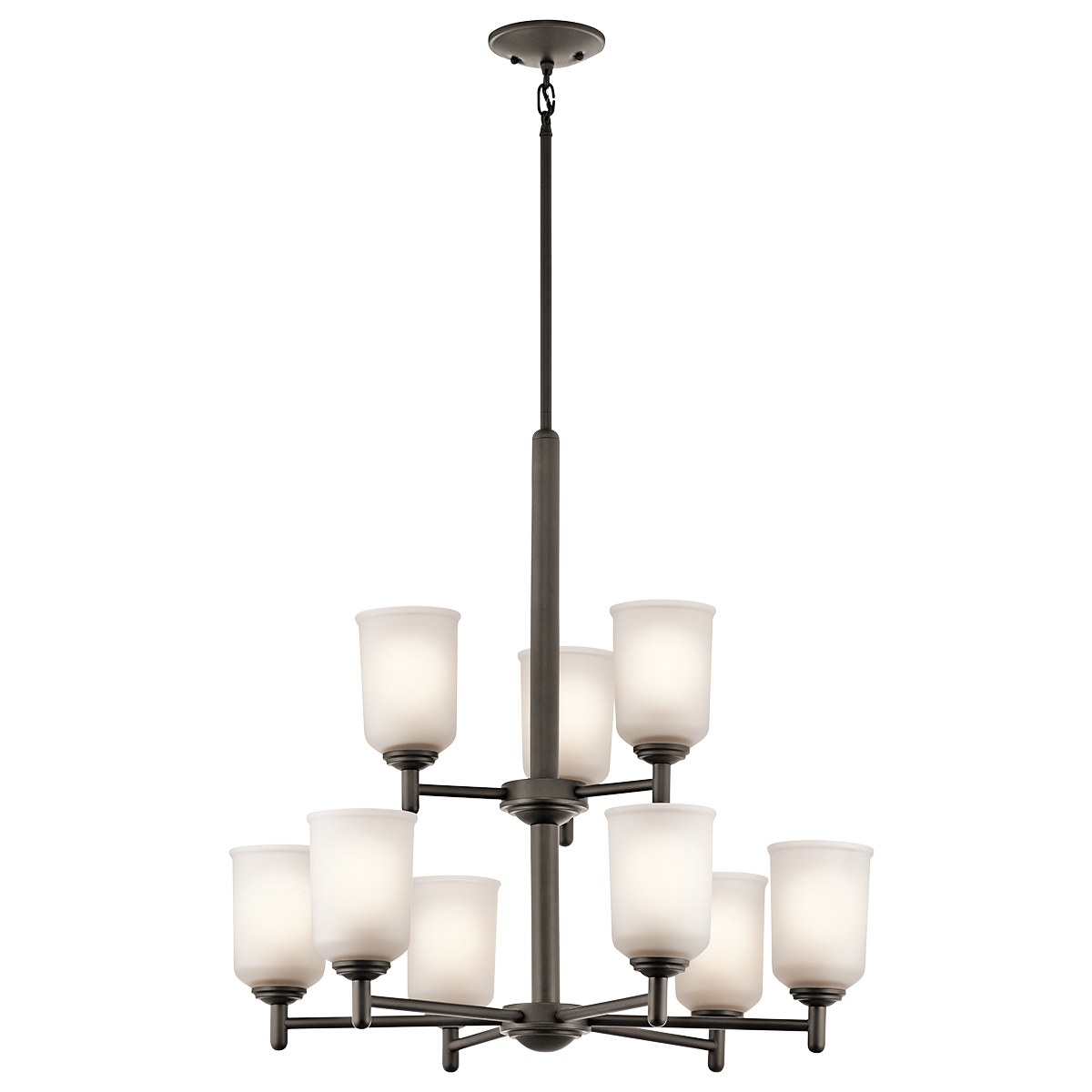 The straight lines and up-sized satin etched glass of this Olde Bronze 9 light chandelier from the Shailene Collection create the perfect casual look for the updated urban lifestyle.
