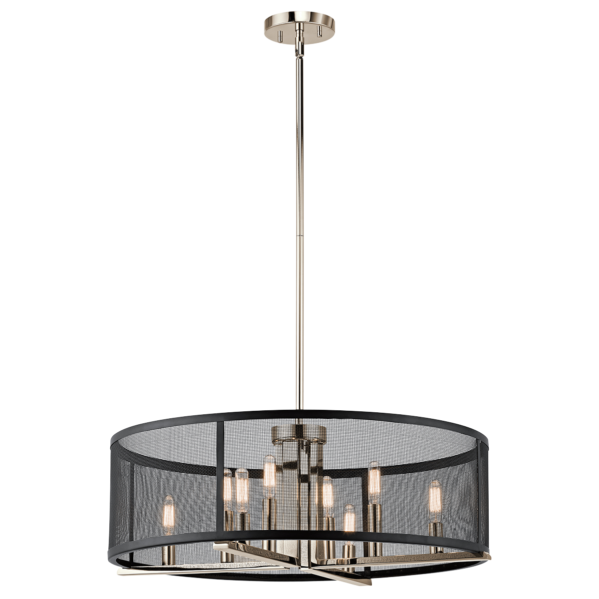 Titus 8 Light Chandelier/Pendant features black mesh ironwork, giving off an industrial accent to a modernly sleek collection. The Chandelier/Pendant has a Polished Nickel finish for a dynamic effect.