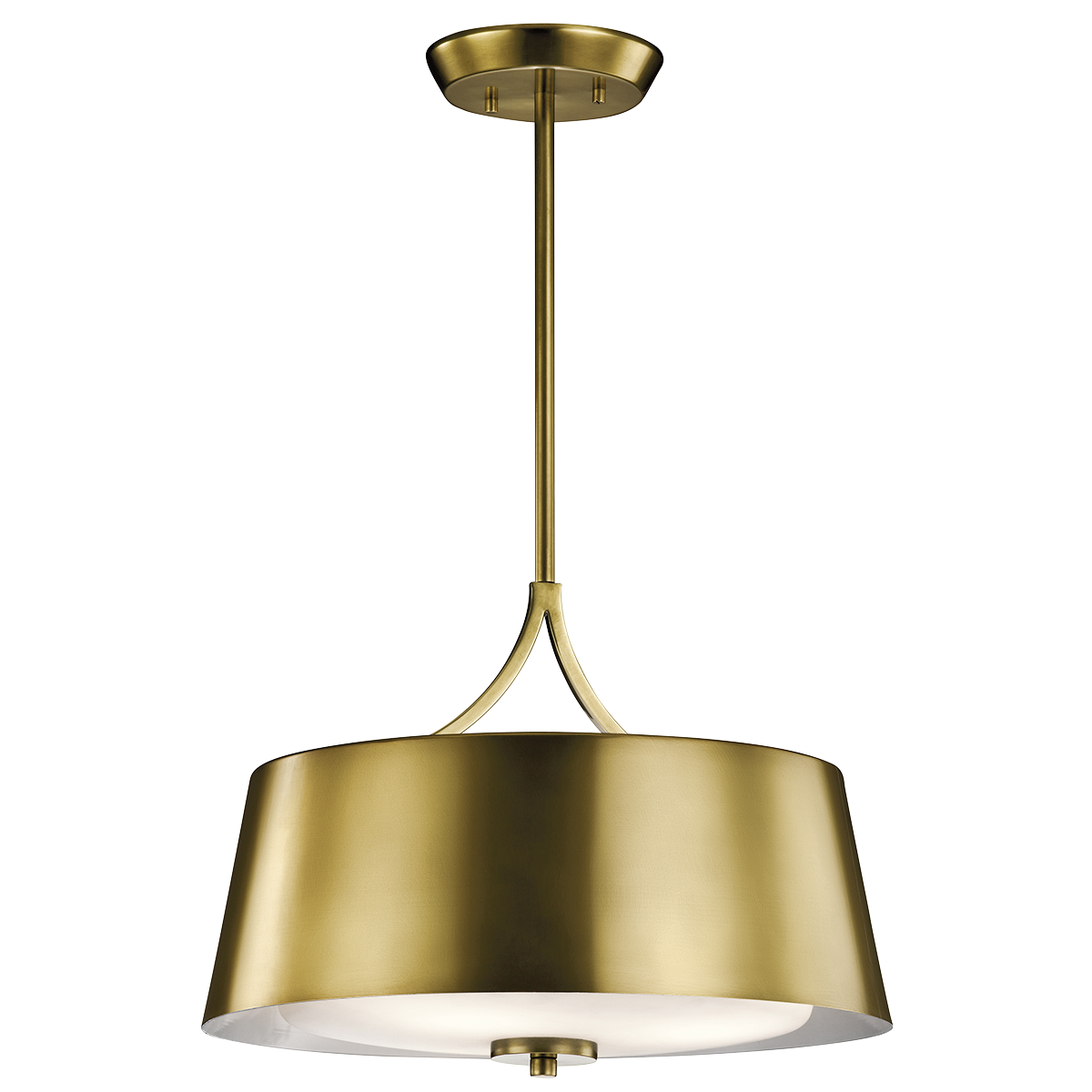 This 3 light convertible pendant/semi flush ceiling light from the updated traditional Maclain collection features smooth lines in a Natural Brass finish with subtle and pleasing Satin Etched White glass.