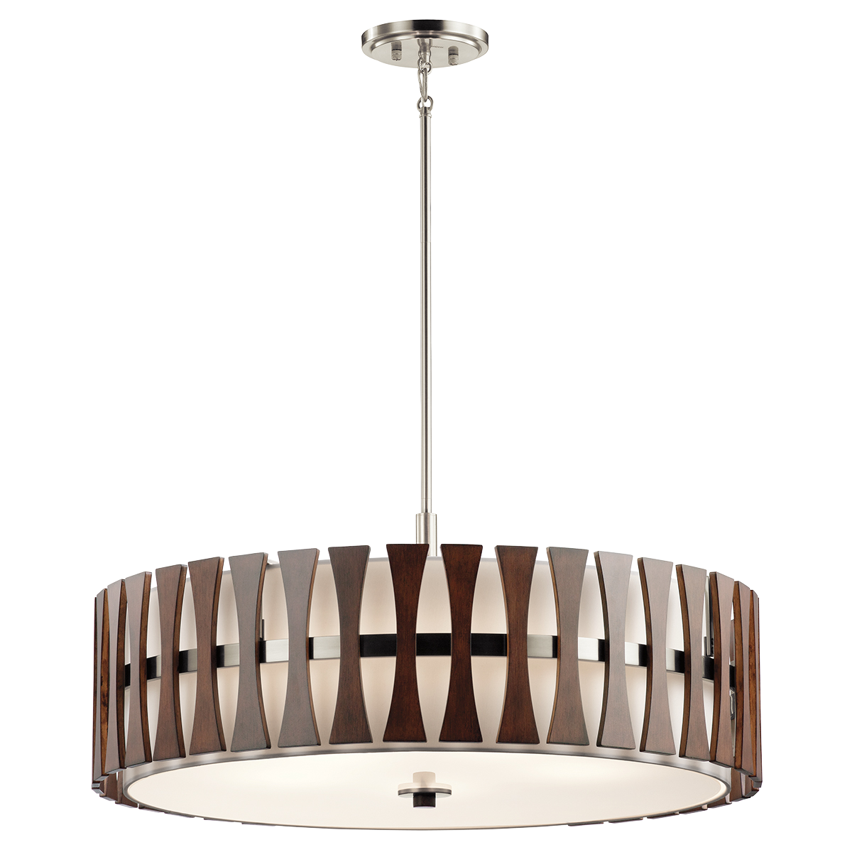 This 5 light convertible pendant/semi flush ceiling light from the  Mid-Century Modern Cirus collection features warm curved Auburn Stained Wood accents reminiscent of wood panels from the 1940's. The smooth round shape and white fabric shades complete the look.