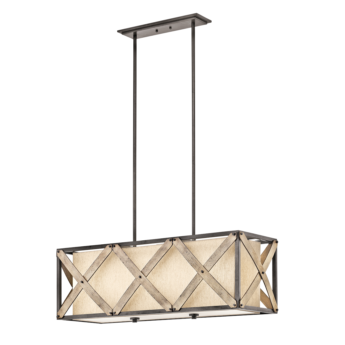 This rustic 3 light linear chandelier from the Cahoon collection incorporates natural materials and colors to create a subtle and beautiful aesthetic.  The Anvil Iron finish coupled with Distressed Antique Grey accents are the perfect compliment to the beige linen shades.