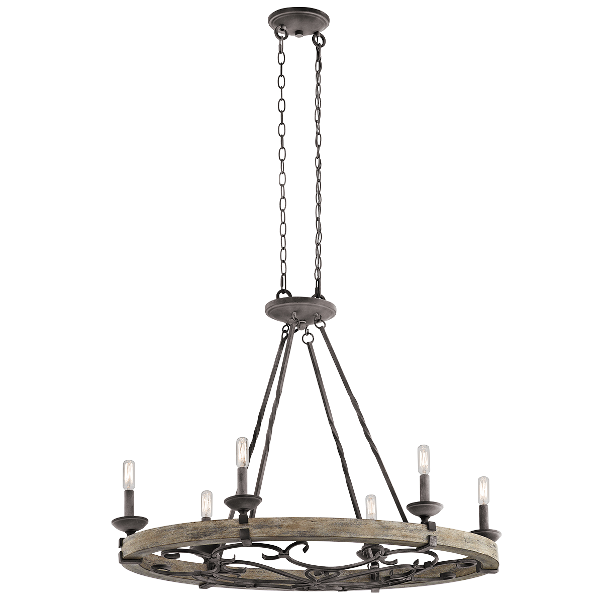 The Lodge inspired style of this 6 light oval pendant from the Taulbee collection features an elegant, timeless design with Weathered Zinc detailing coupled with Weathered Grey Wood veneer accents.