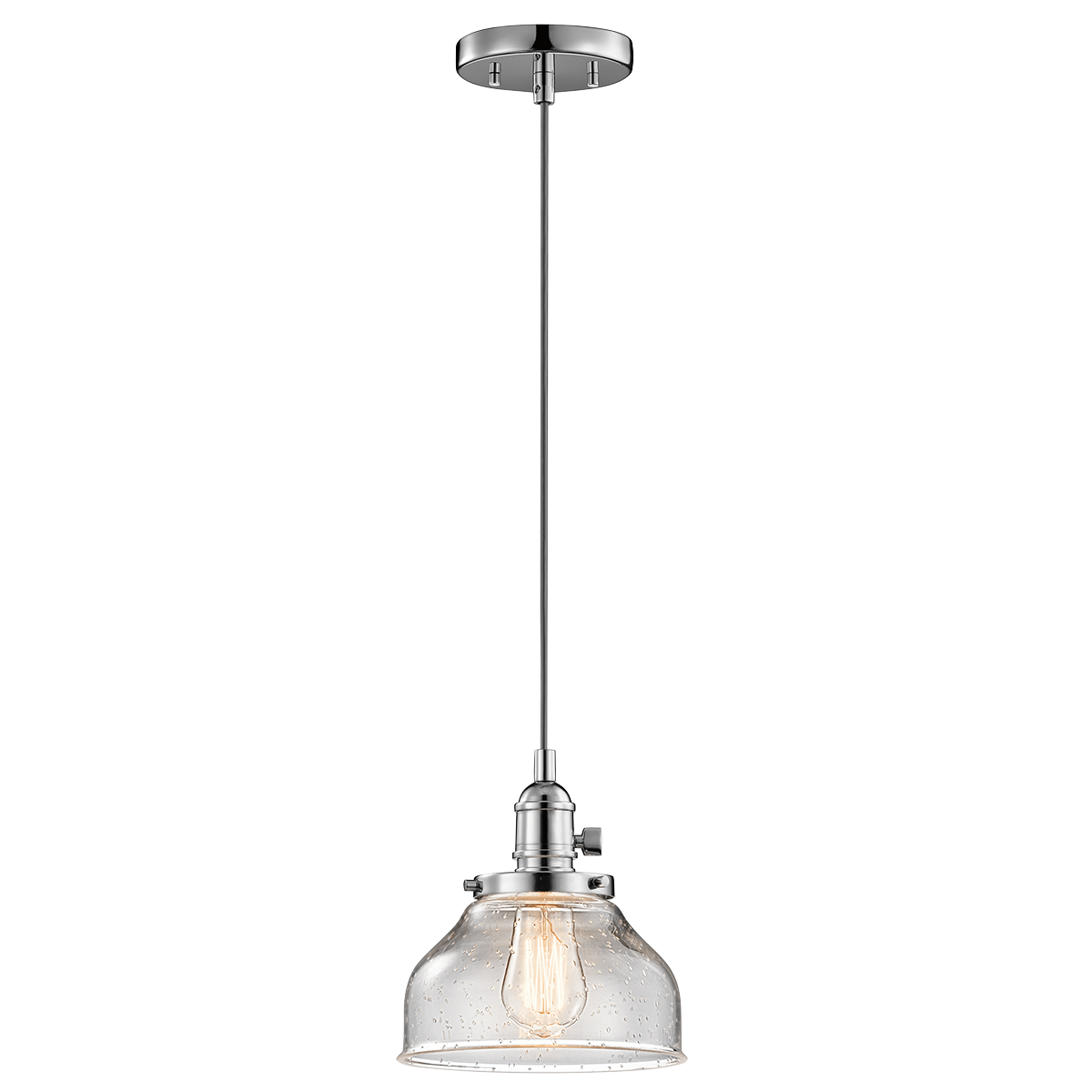 Create a mix and match masterpiece with this 1 light pendant from the Avery collection. Available in a Chrome finish with adjustable cording, Clear Seeded glass, and working paddle switches, this pendant stands out beautifully on its own or in a cluster.
