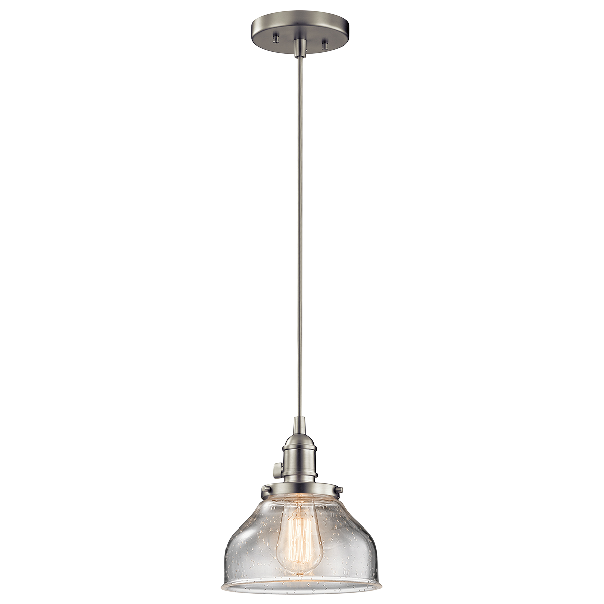 Create a mix and match masterpiece with this 1 light pendant from the Avery collection. Available in a Brushed Nickel finish with adjustable cording, Clear Seeded glass, and working paddle switches, this pendant stands out beautifully on its own or in a cluster.