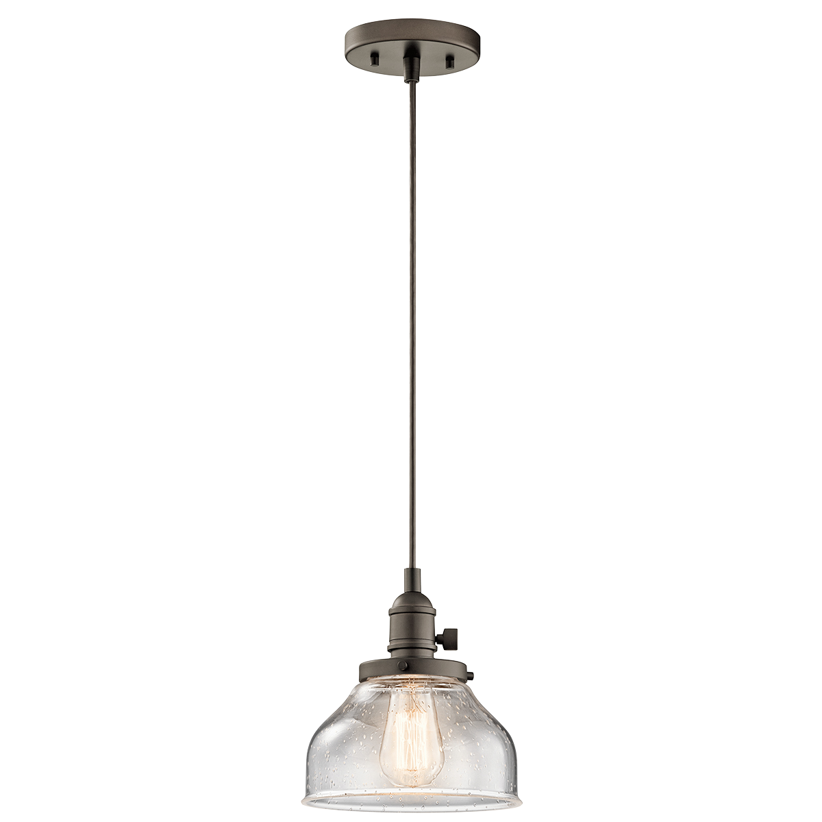 Create a mix and match masterpiece with this 1 light pendant from the Avery collection. Available in an Olde Bronze(R) finish with adjustable cording, Clear Seeded glass, and working paddle switches, this pendant stands out beautifully on its own or in a cluster.
