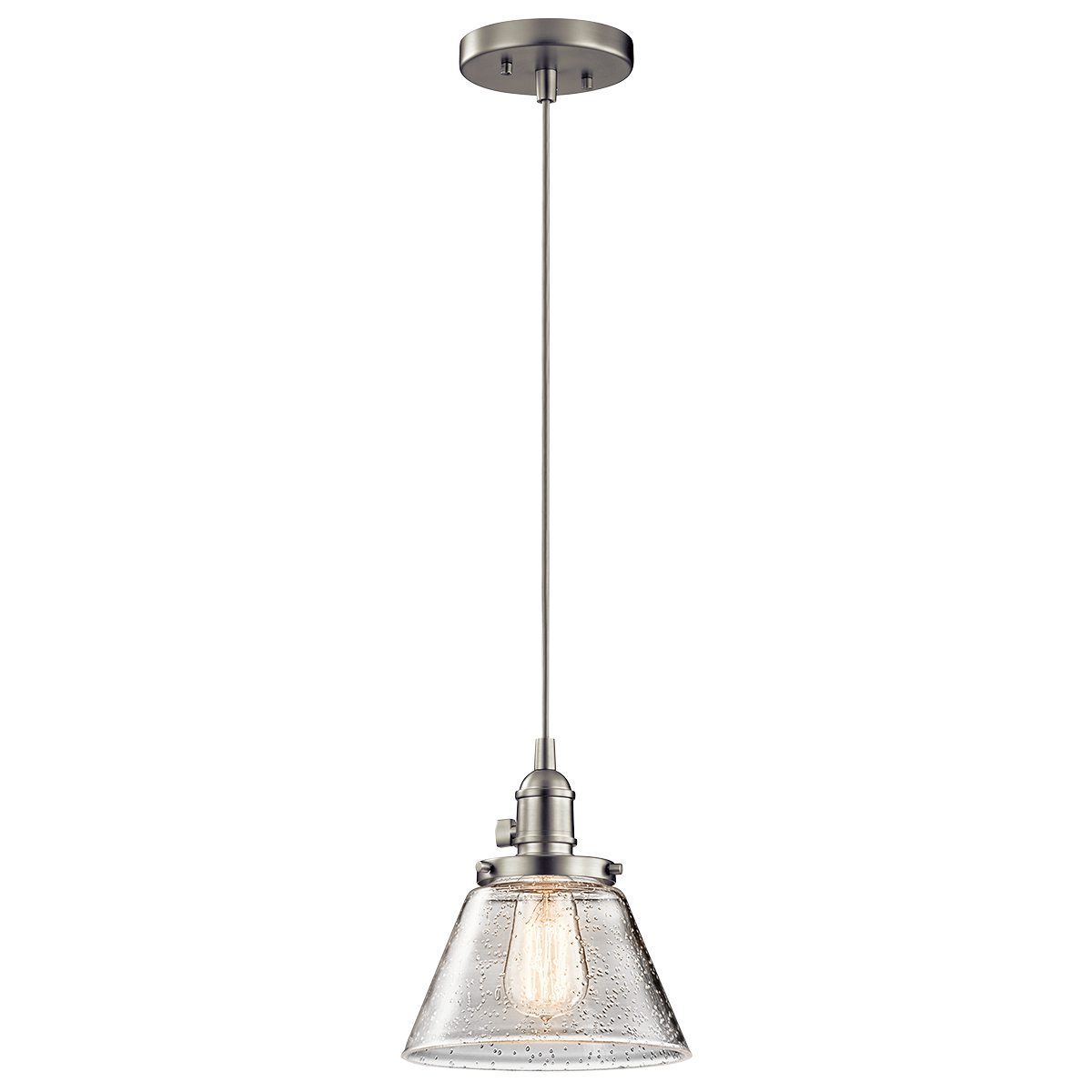 Create a mix and match masterpiece with this 1 light pendant from the Avery collection. Available in a Brushed Nickel finish with adjustable cording, Clear Seeded glass, and working paddle switches, this pendant stands out beautifully on its own or in a cluster.
