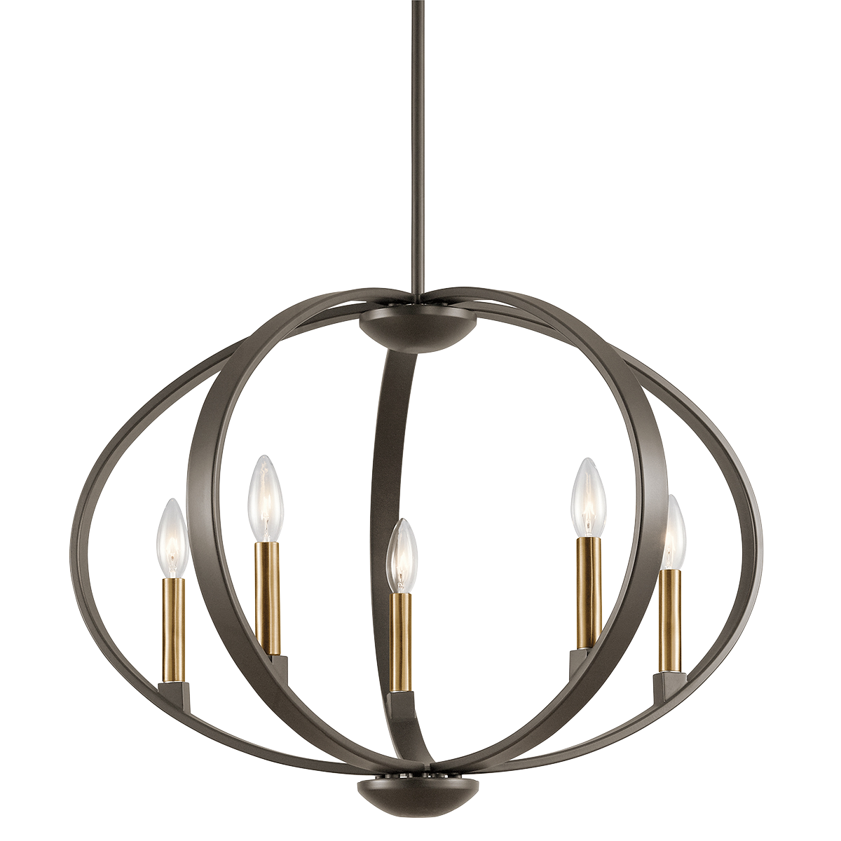 Elata features an orbital look with this 5-light chandelier. This fixture enhances any transitional, contemporary or even soft  traditional rooms with the use of a beautiful Olde Bronze(R) finish with Natural Brass accents. To finish off the look, Elata utilizes candelabra bulbs nestled along the curves and atop cubes.