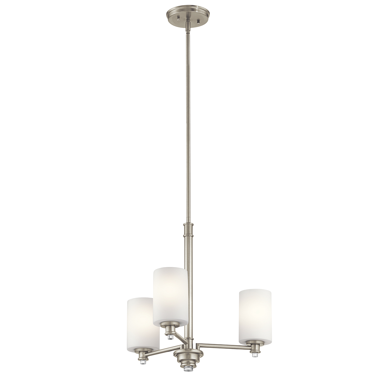 Joelson delivers a  3-light chandelier that's transitional and versatile enough for every room in the home. This fixture showcases retro-inspired light bulb sockets with beautiful satin etched cased opal glass. For added ambiance, Joelson is appointed with a Brushed Nickel finish.