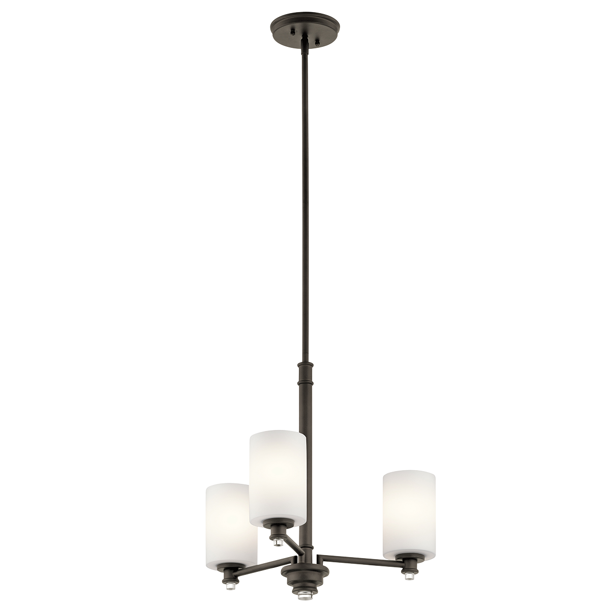 Joelson delivers a  3-light chandelier that's transitional and versatile enough for every room in the home. This fixture showcases retro-inspired light bulb sockets with beautiful satin etched cased opal glass. For added ambiance, Joelson is appointed  with an Olde Bronze(R) finish.