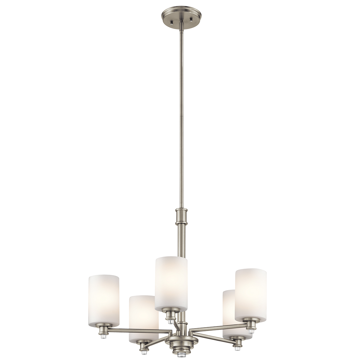 Joelson delivers a  5-light chandelier that's transitional and versatile enough for every room in the home. This fixture showcases retro-inspired light bulb sockets with beautiful satin etched cased opal glass. For added ambiance, Joelson is appointed with a Brushed Nickel finish.