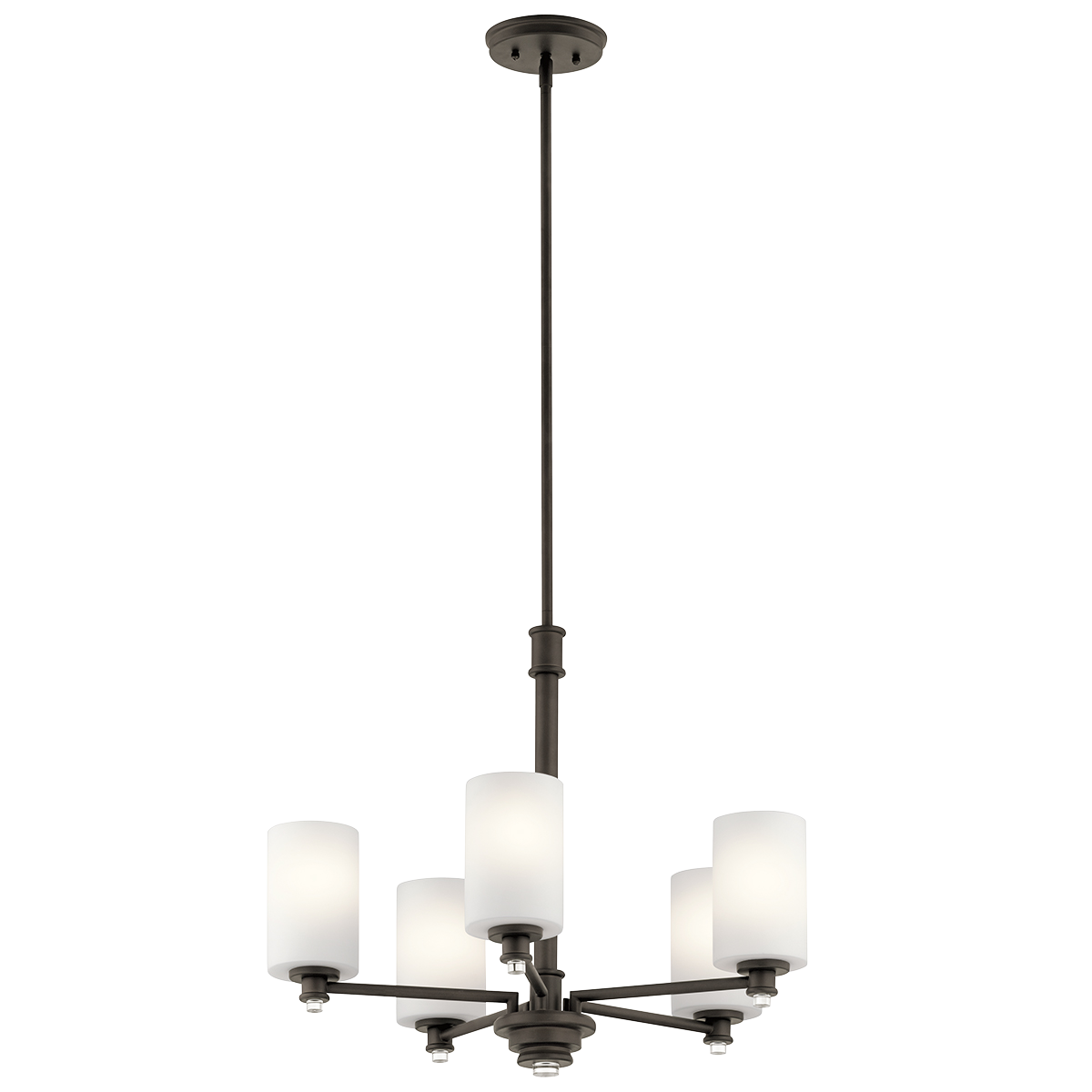 Joelson delivers a  5-light chandelier that's transitional and versatile enough for every room in the home. This fixture showcases retro-inspired light bulb sockets with beautiful satin etched cased opal glass. For added ambiance, Joelson is appointed  with an Olde Bronze(R) finish.