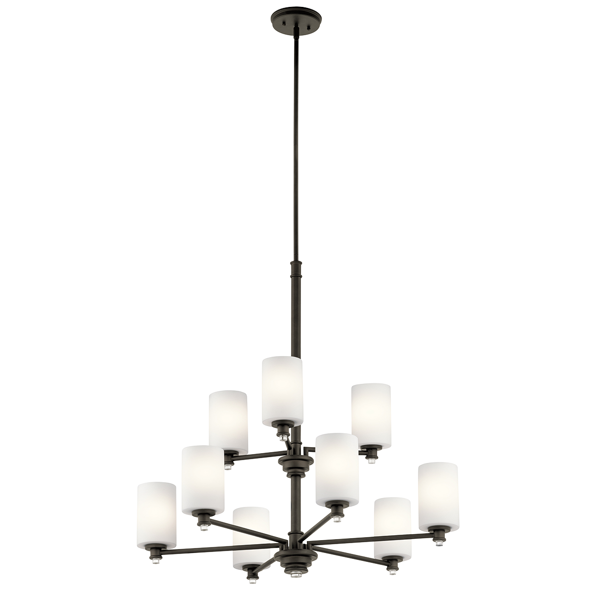 Joelson delivers a  9-light chandelier that's transitional and versatile enough for every room in the home. This fixture showcases retro-inspired light bulb sockets with beautiful satin etched cased opal glass. For added ambiance, Joelson is appointed  with an Olde Bronze(R) finish.
