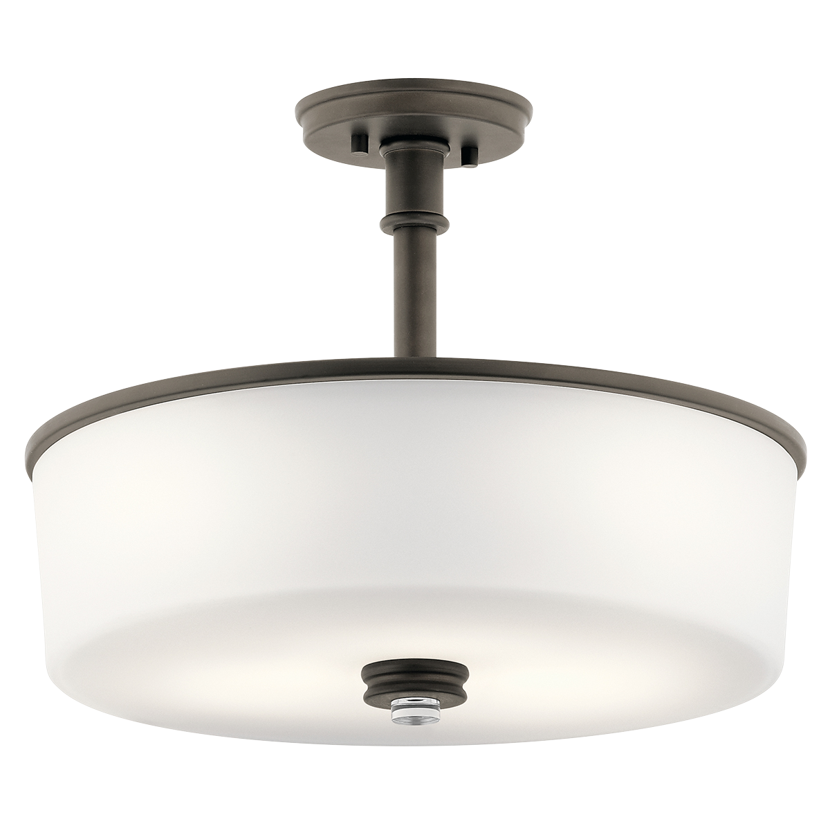 Joelson delivers a  convertible pendant to semi-flush light that's transitional and versatile enough for every room in the home. This light showcases a retro-inspired light bulb socket with beautiful satin etched white glass. For added ambiance, Joelson is appointed  with an Olde Bronze(R) finish.