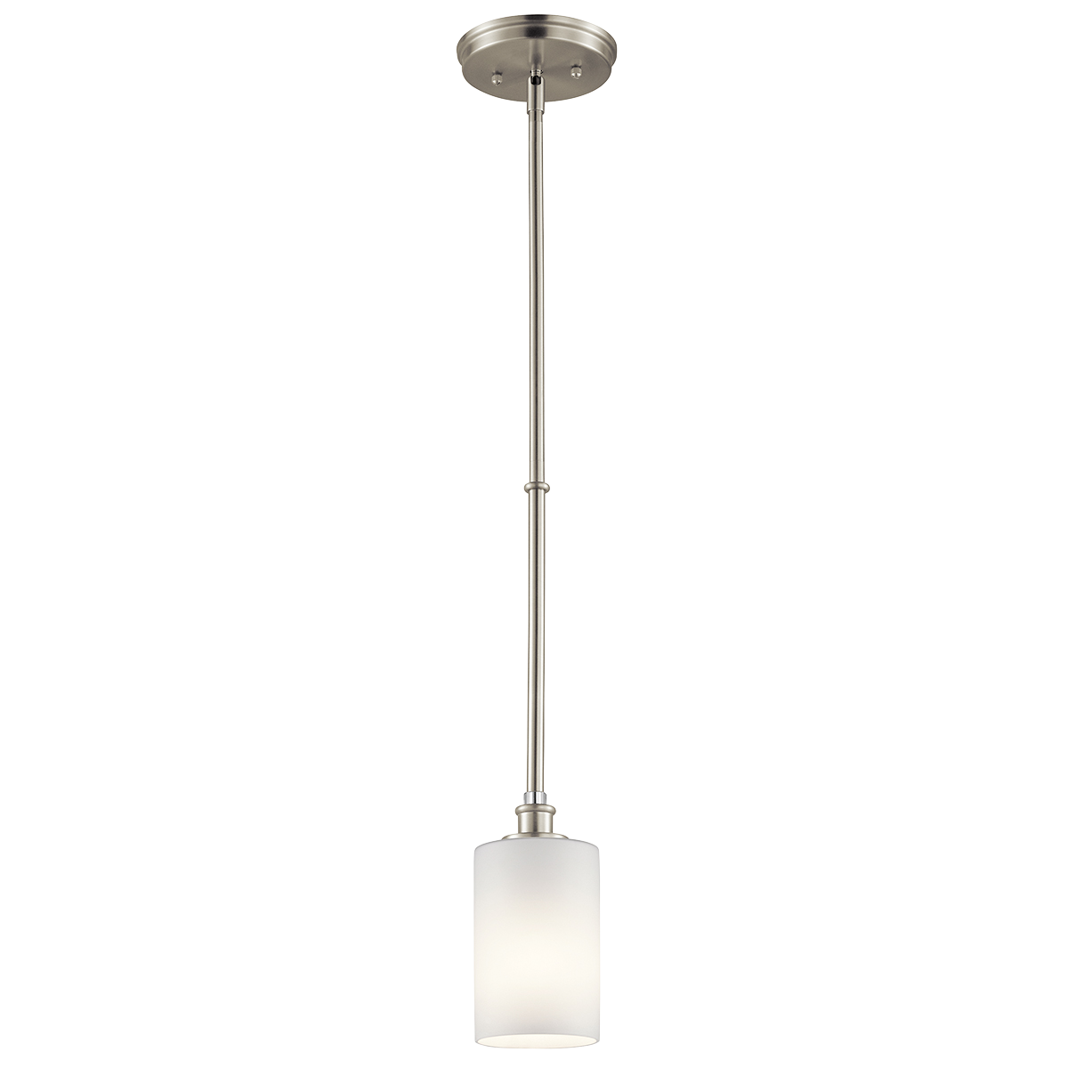 Joelson delivers a  1-light mini pendant that's transitional and versatile enough for every room in the home. This light showcases a retro-inspired light bulb socket with beautiful satin etched cased opal glass. For added ambiance, Joelson is appointed with a Brushed Nickel finish.