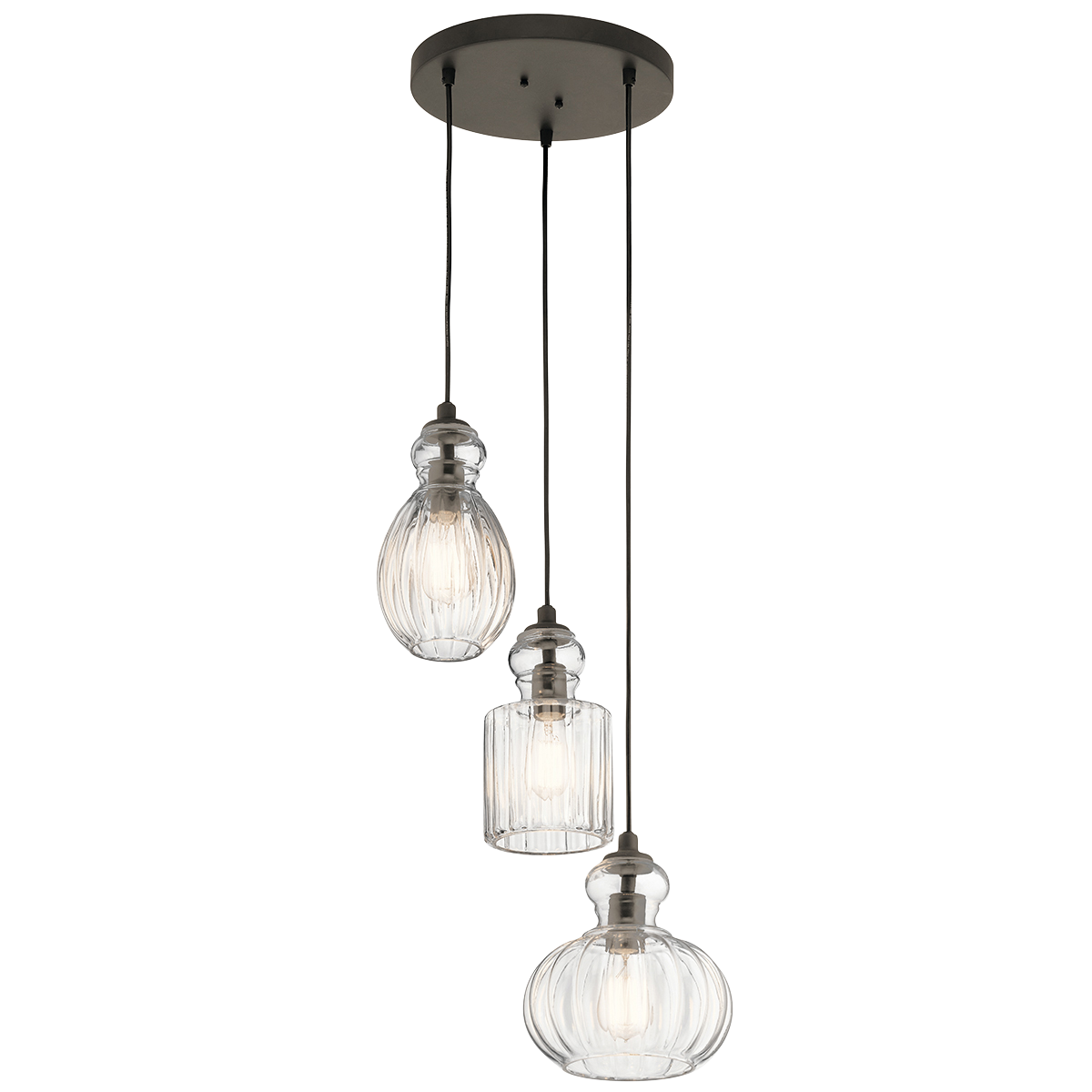 Inspired by antique, vintage perfume bottles, Riviera's 3-light pendant in Olde Bronze is the perfect touch of retro design. The fluted glass removes easily for cleaning.