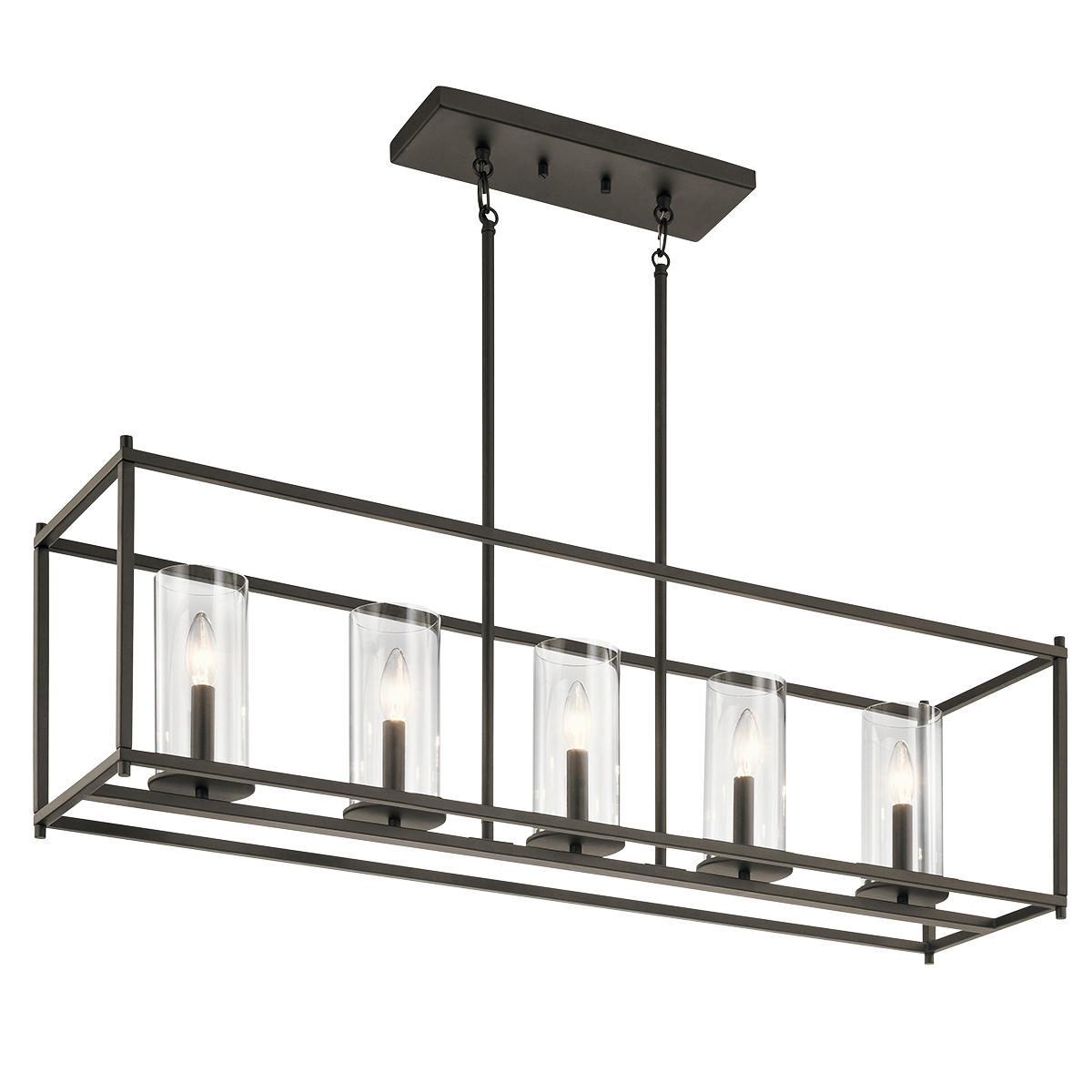 Streamlined and simple, the Crosby 5-light linear chandelier in Olde Bronze delivers clean lines for a contemporary style. The glass shades enhance this minimalistic design.