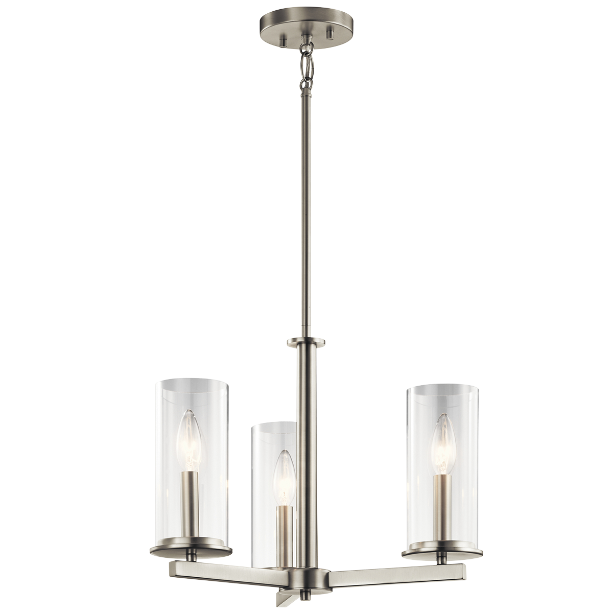 Streamlined and simple, This Crosby 3 light convertible mini chandelier/semi flush ceiling light in Brushed Nickel delivers clean lines for a contemporary style. The clear glass shades enhance this minimalistic design.