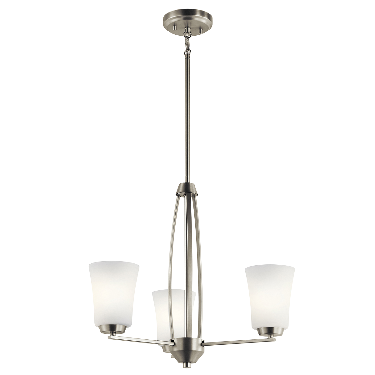 The Tao collection 3-light chandelier comes in a Brushed Nickel finish. The collections Asian influence takes many forms, from balanced cage-like structures to rectangular lantern-inspired glass. The result is a look that's pure and peaceful, with a nod towards arts & crafts style.