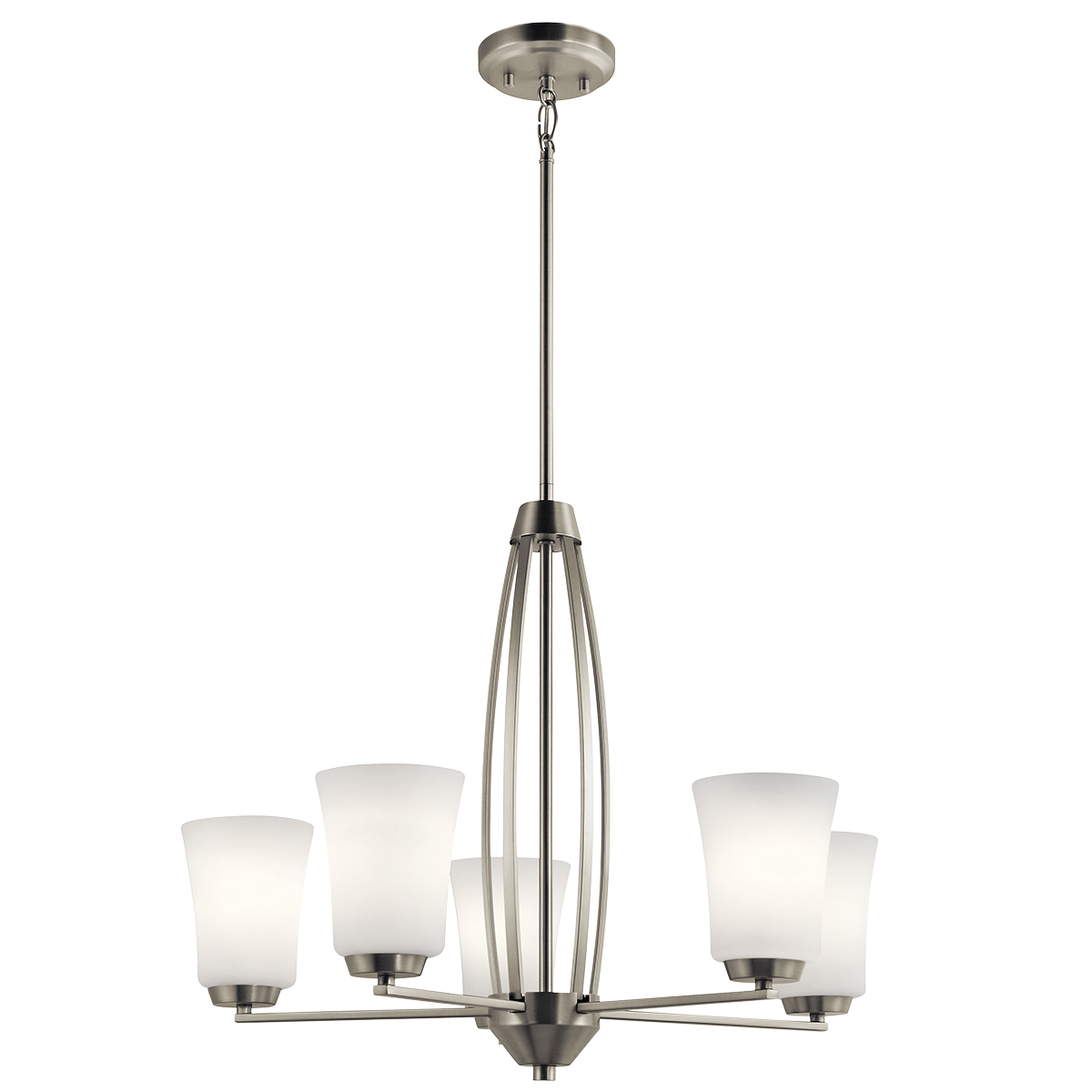 The Tao collection 5-light chandelier comes in a Brushed Nickel finish. The collections Asian influence takes many forms, from balanced cage-like structures to rectangular lantern-inspired glass. The result is a look that's pure and peaceful, with a nod towards arts & crafts style.