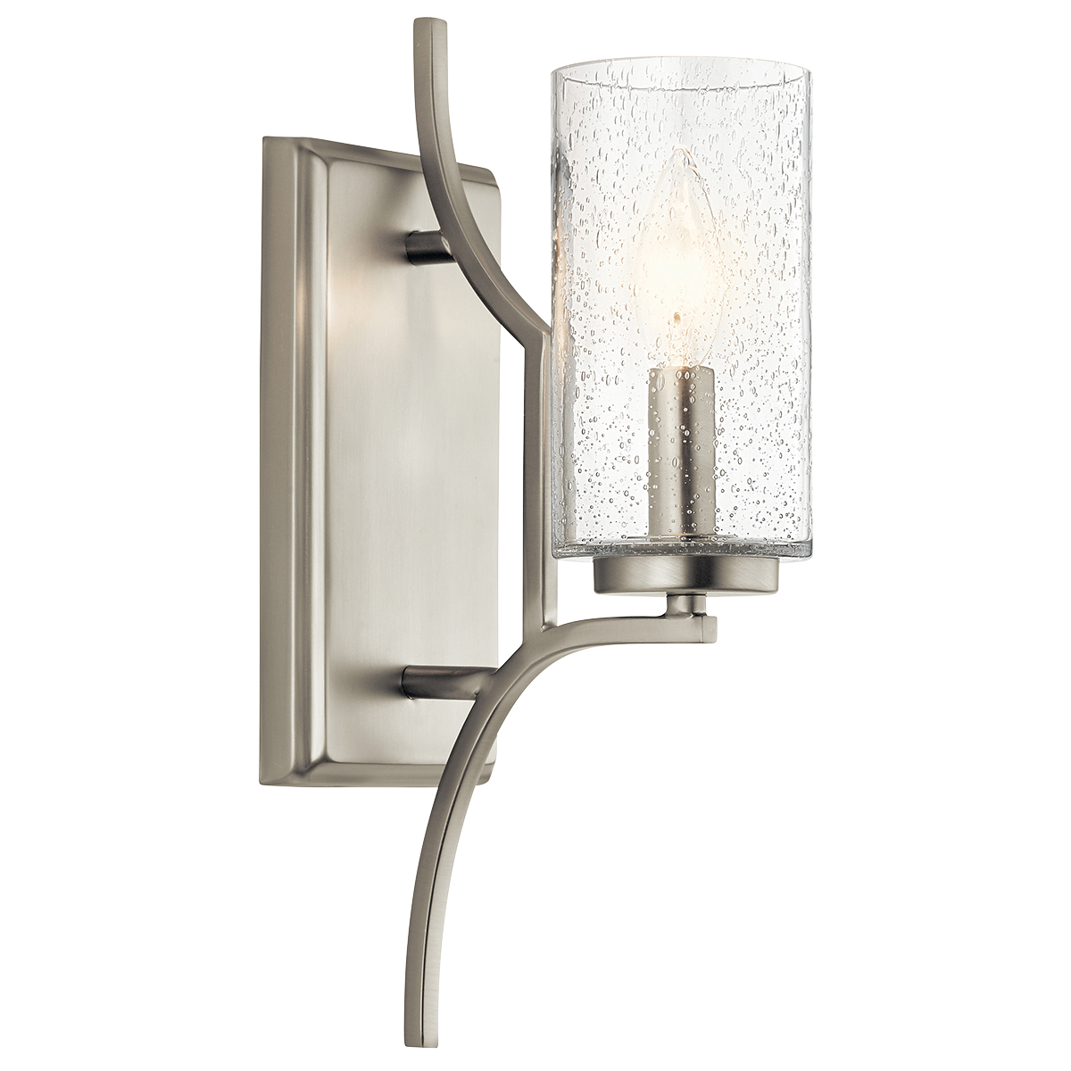 A popular mission fixture gets the designer touch with the 1-light wall sconce in Brushed Nickel from the Vara collection. The sturdy ironwork supports feature linear detailing and the glass shades have a seeded effect, helping to soften the overall traditional masculine look.