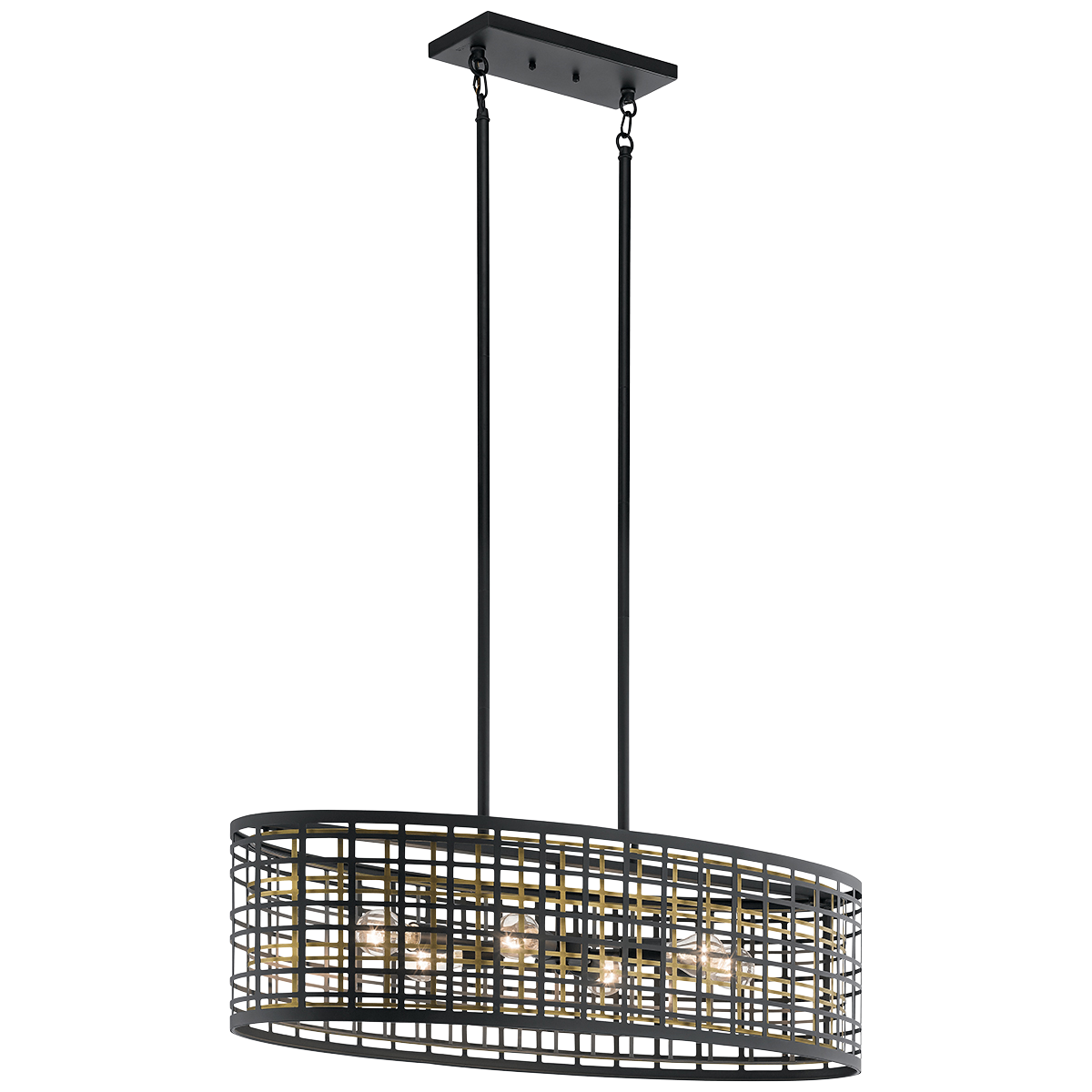 Depth, dimension and geometric interest come together to give the 6-light pendant/oval chandelier in Black from the Aldergate(TM) collection an uncommon style. Overlapping grids in contrasting finishes bring structural interest and softly diffuse the light. The look is inspired by industrial trends, yet sophisticated enough to work in traditional spaces.