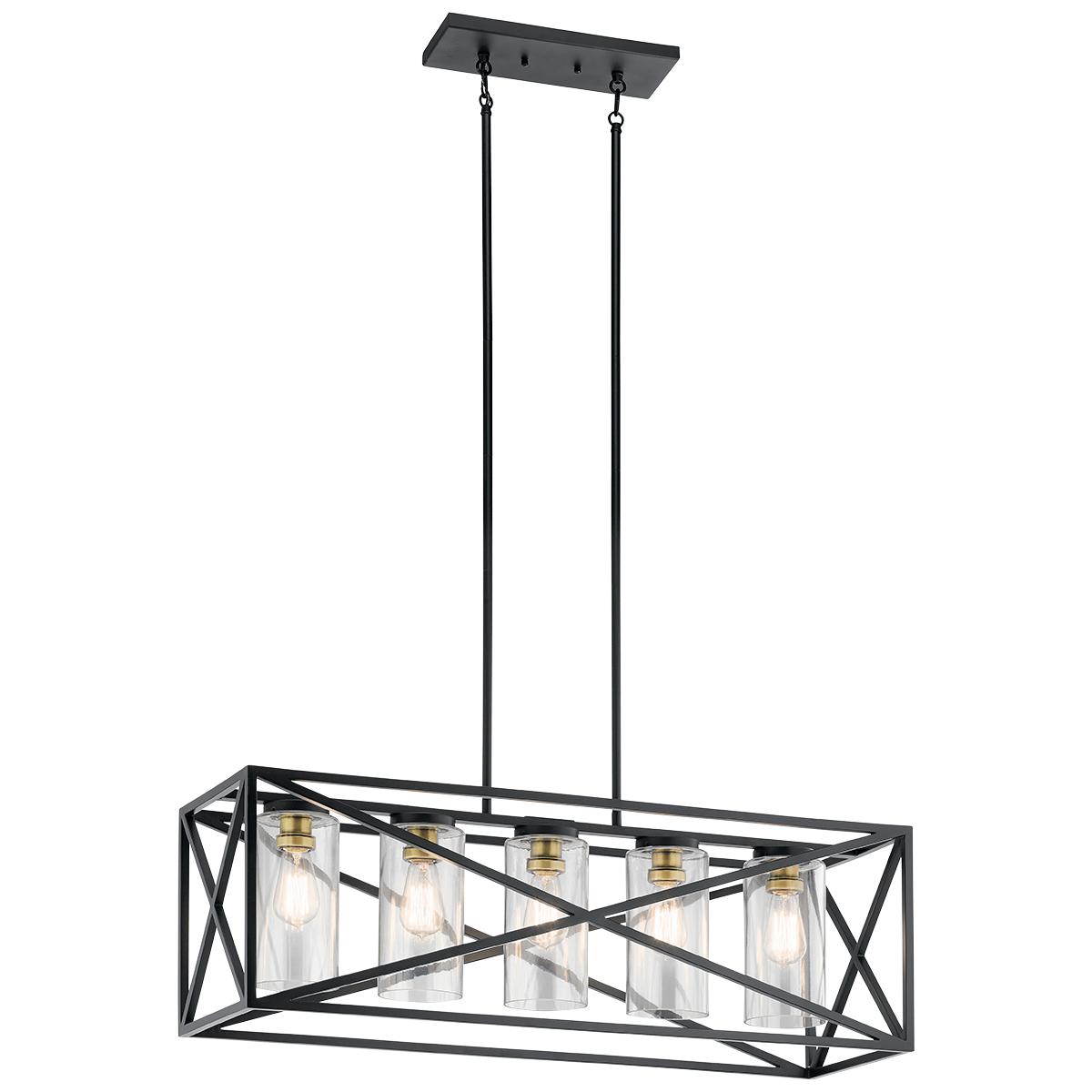 Inspired by vintage industrial shipping crates, the 5-light linear chandelier in Black from the Moorgate(TM) collection features an oversized X pattern in a rich Bronze and Brass finish combination. Knurled sockets in a contrasting finish bring a premium detail to this substantial, yet simple, statement piece.