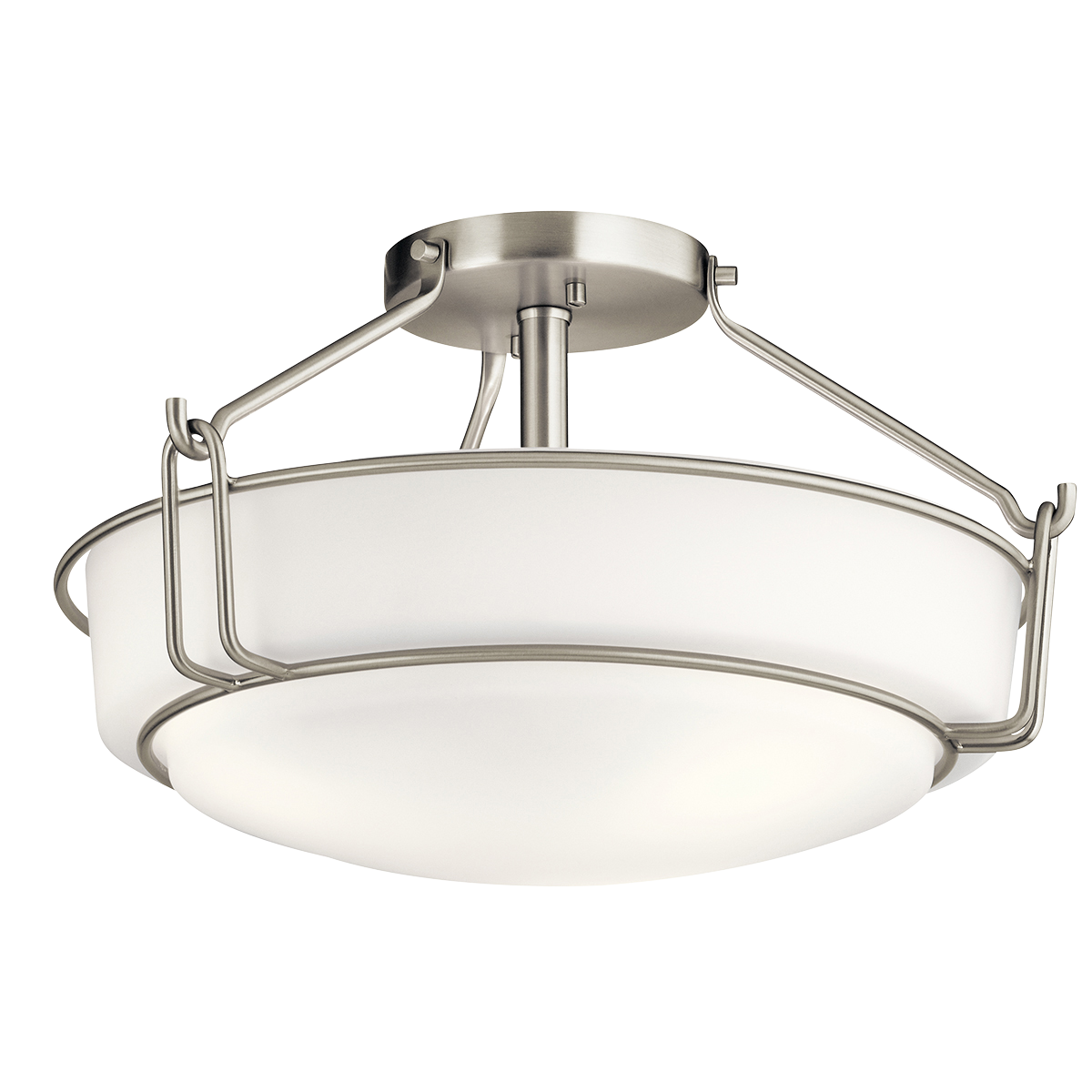 A simple and clean design make the 3-light semi flush fixture in Brushed Nickel from the Alkire collection a modern classic. The semi-flush style provides a generous amount of light, while the metal work in.hook and eyein. design adds visual interest overhead.