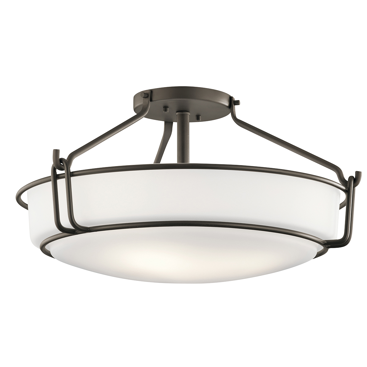 A simple and clean design make the 4-light semi flush fixture in Olde Bronze from the Alkire collection a modern classic. The semi-flush style provides a generous amount of light, while the metal work in.hook and eyein. design adds visual interest overhead.