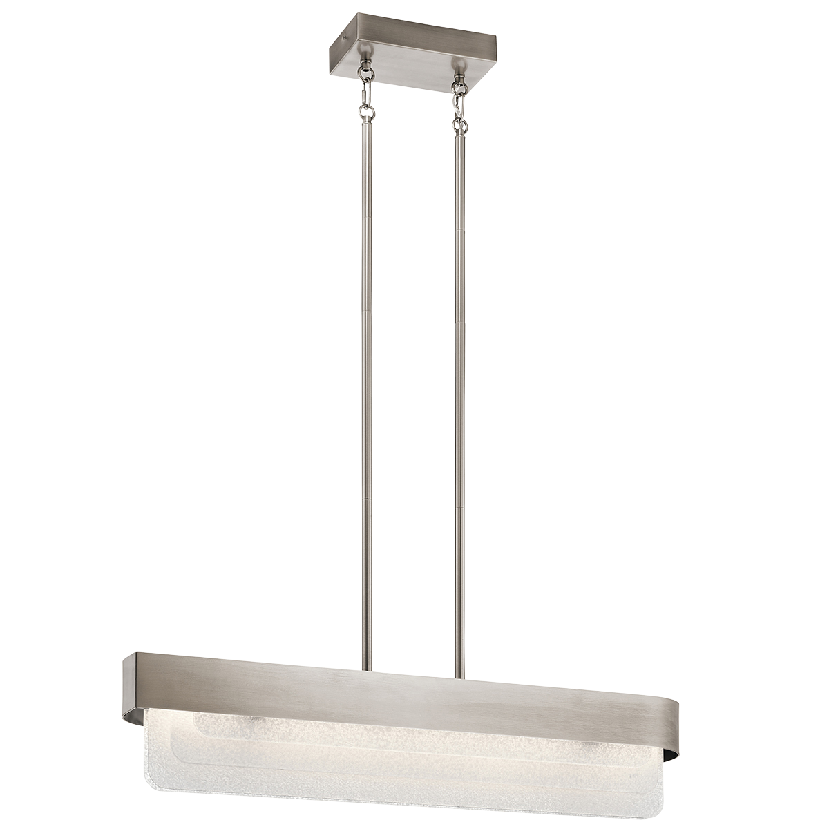 Inspired by the way light shines on a waterfall, the  36.5in. LED linear chandelier in Classic Pewter from the Serene collection takes a contemporary approach to classic mid-century shapes, with soft curves juxtaposed against layers of textured glass. The LED light reflects off of these surfaces, bringing brilliant illumination to a space.