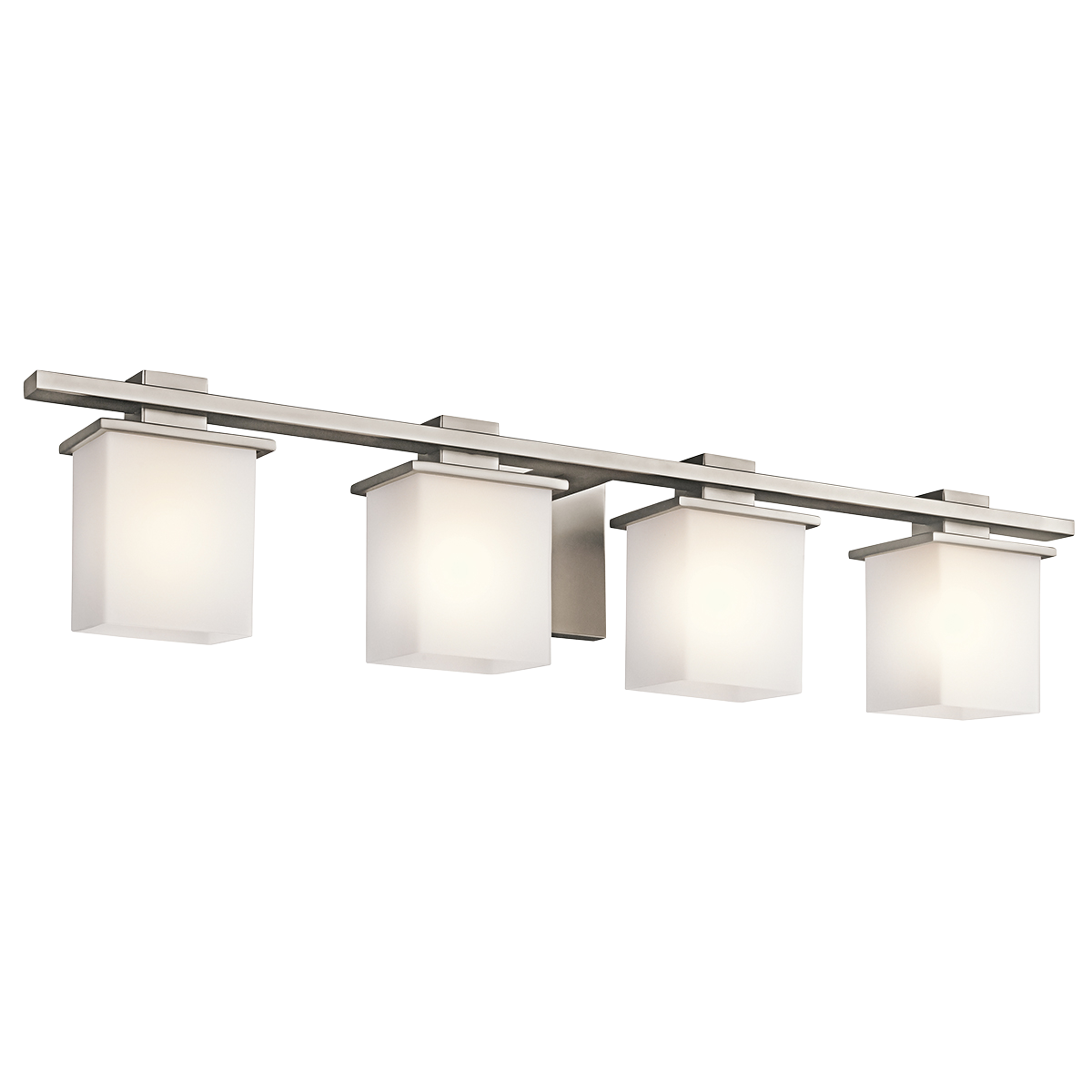 The Tully(TM) 32in. 4 light vanity light features a contemporary look that showcases an angular geometric design, Antique Pewter finish and satin etched cased opal glass. The Tully(TM) vanity light works in several aesthetic environments, including traditional, soft contemporary and modern.
