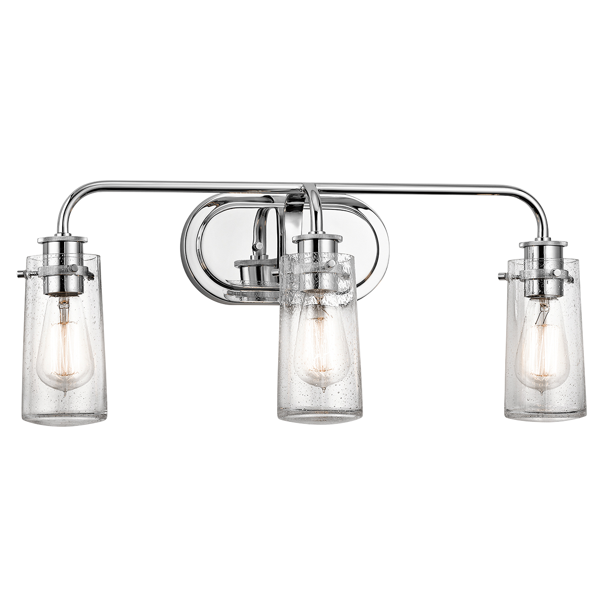 The Braelyn(TM) 24in. 3 light vanity light features an Chrome finish and clear seeded glass shades. The Braelyn(TM) offers a vintage industrial design that works well with rustic, country and lodge décor.