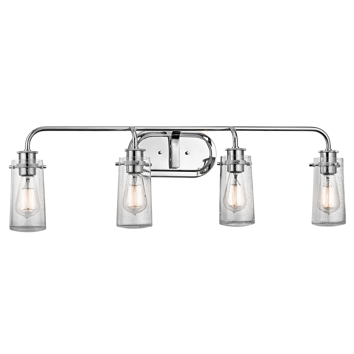 The Braelyn(TM) 34.25in. 4 light vanity light features an Chrome finish and clear seeded glass shades. The Braelyn(TM) offers a vintage industrial design that works well with rustic, country and lodge décor.
