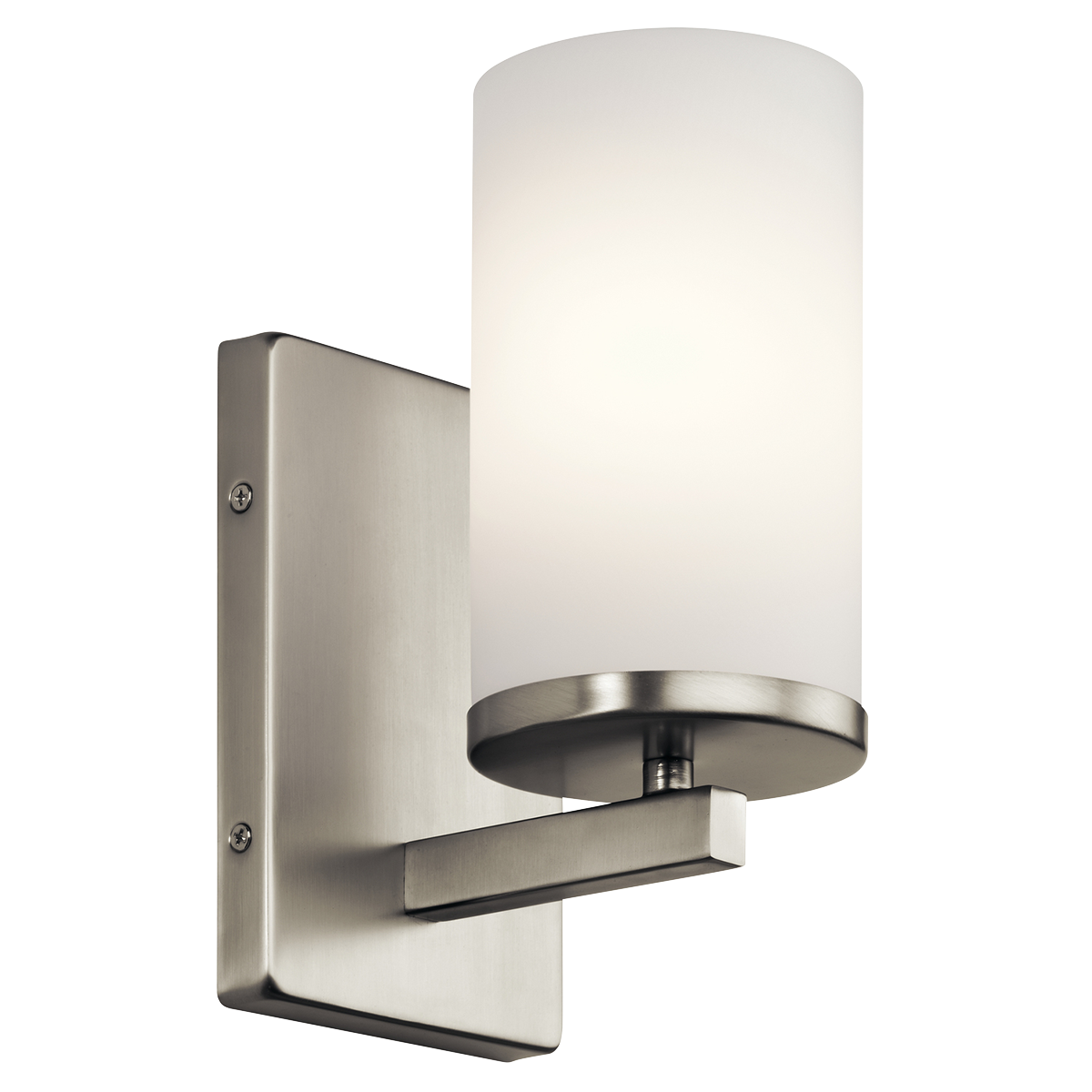 Streamlined and simple, This Crosby 1 light wall sconce in Brushed Nickel delivers clean lines for a contemporary style. The Satin Etched Cased Opal shades enhance this minimalistic design.