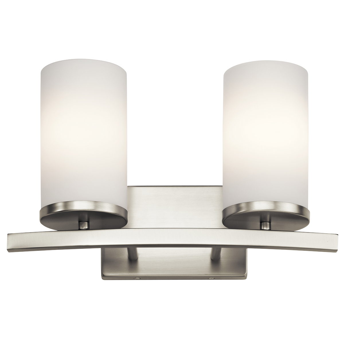 Streamlined and simple, This Crosby 2 light bath light in Brushed Nickel delivers clean lines for a contemporary style. The Satin Etched Cased Opal shades enhance this minimalistic design.