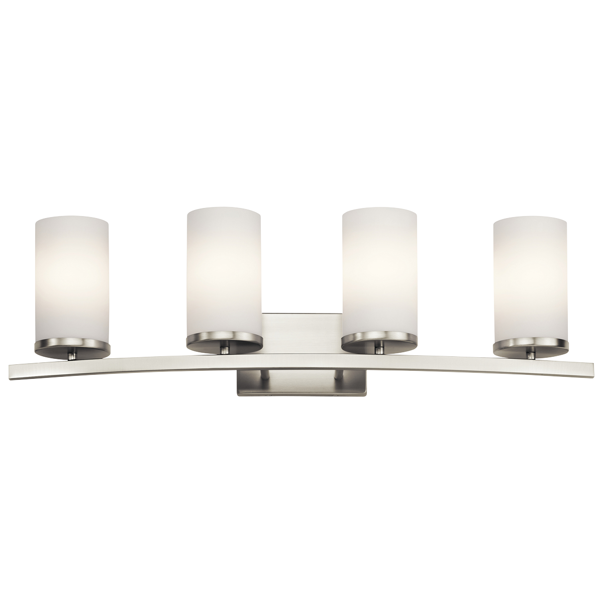 Streamlined and simple, This Crosby 4 light bath light in Brushed Nickel delivers clean lines for a contemporary style. The Satin Etched Cased Opal shades enhance this minimalistic design.