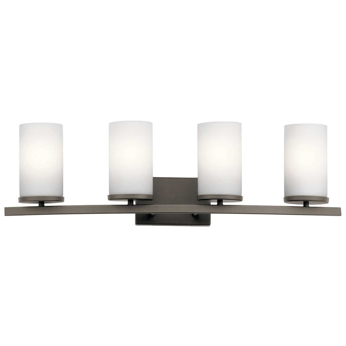 Streamlined and simple, This Crosby 4 light bath light in Olde Bronze delivers clean lines for a contemporary style. The Satin Etched Cased Opal shades enhance this minimalistic design.