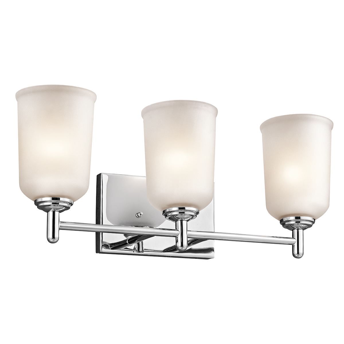 The straight lines and up-sized satin etched glass of this Chrome 3 light bath light from the Shailene Collection create the perfect casual look for the updated urban lifestyle.