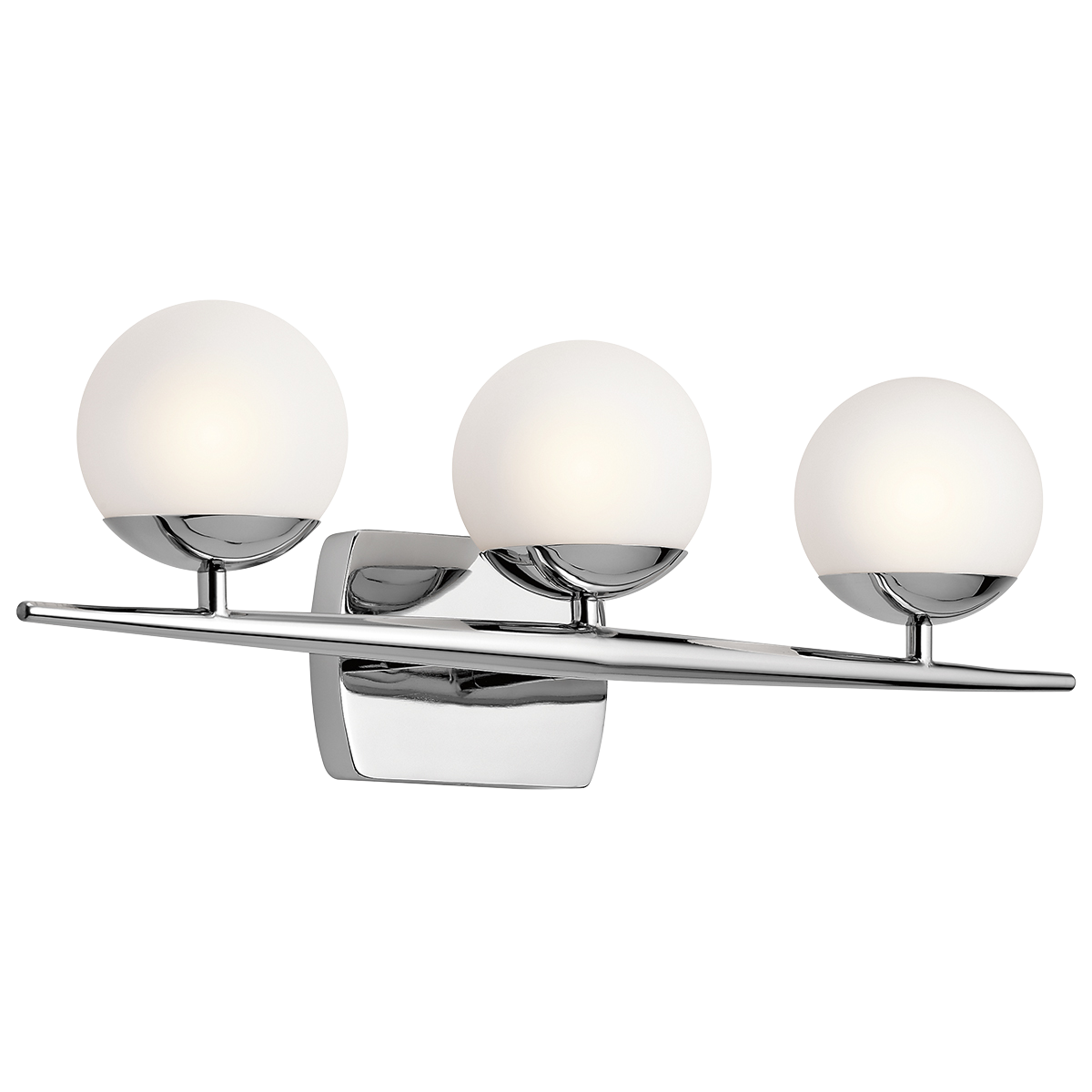 This 3 light halogen bath light from the Mid-Century Modern Jasper collection features a gently tapered bar with Satin Etched Cased Opal globes nestled on Polished Chrome accents.