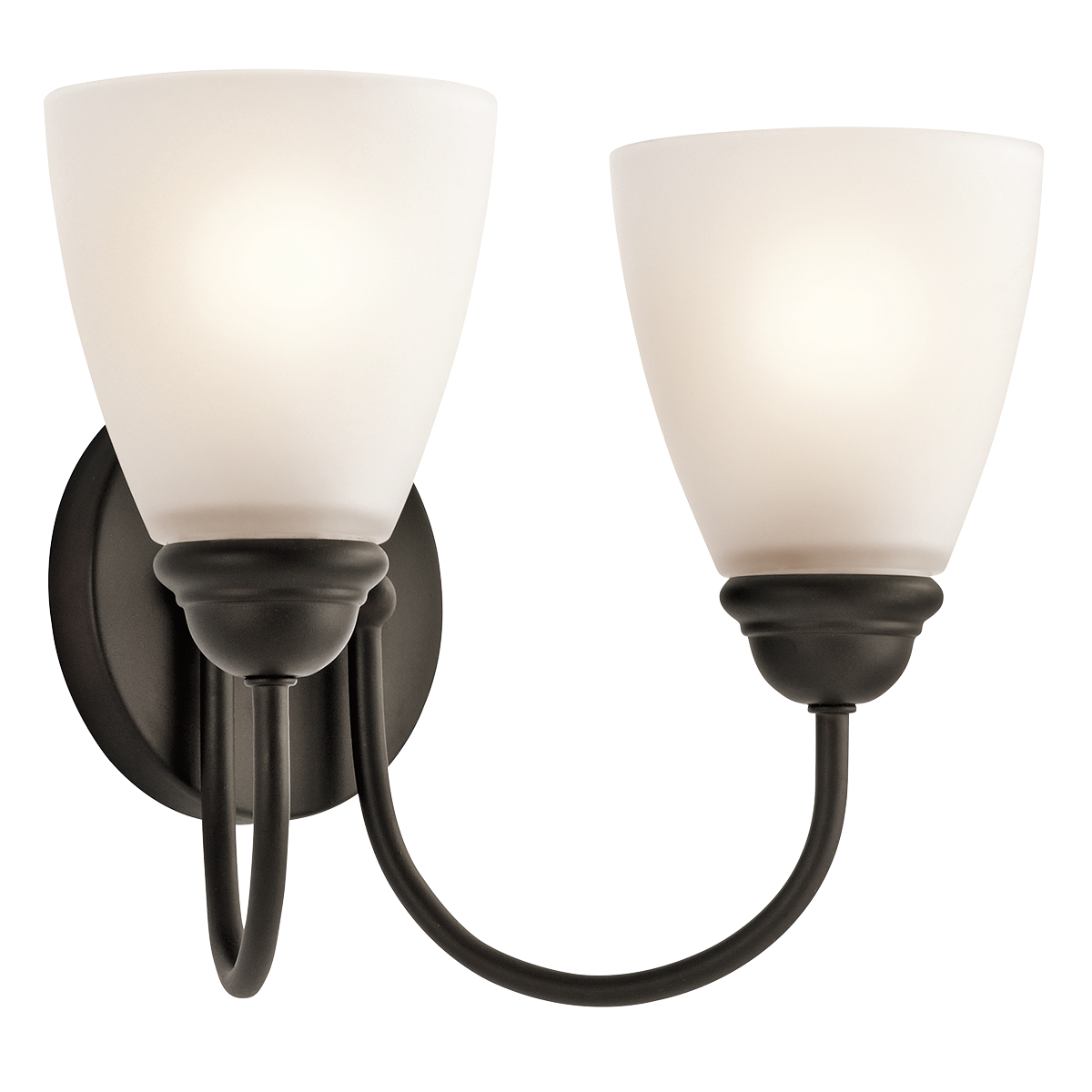 Enjoy the splendor of this Olde Bronze 2 light bath light from the refreshing Jolie Collection.  The clean lines are beautifully accented by satin etched glass.  Jolie is the perfect transitional style for a variety of homes.
