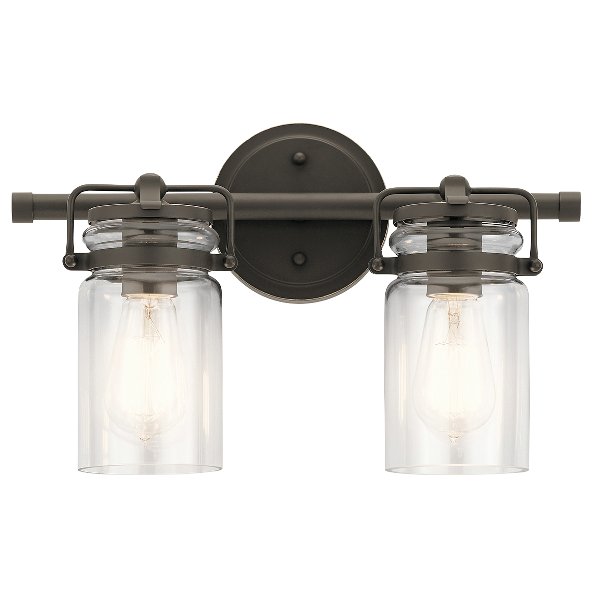 The vintage mason jar style of the Brinley(TM) collection 2-light bath light in Olde Bronze gives a beautifully modern treatment to the familiar and comfort of canning jars.